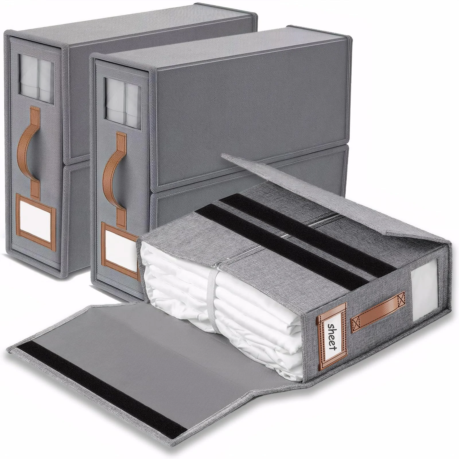 SwartLife 3er Set Bettwäsche Organizer Box - Premium Leinen-Mix Betttuch Aufbewahrung für King Size Bettlaken & Decken - Faltbare Schrank Ordnungssystem mit Sichtfenster & Etikett - Grau