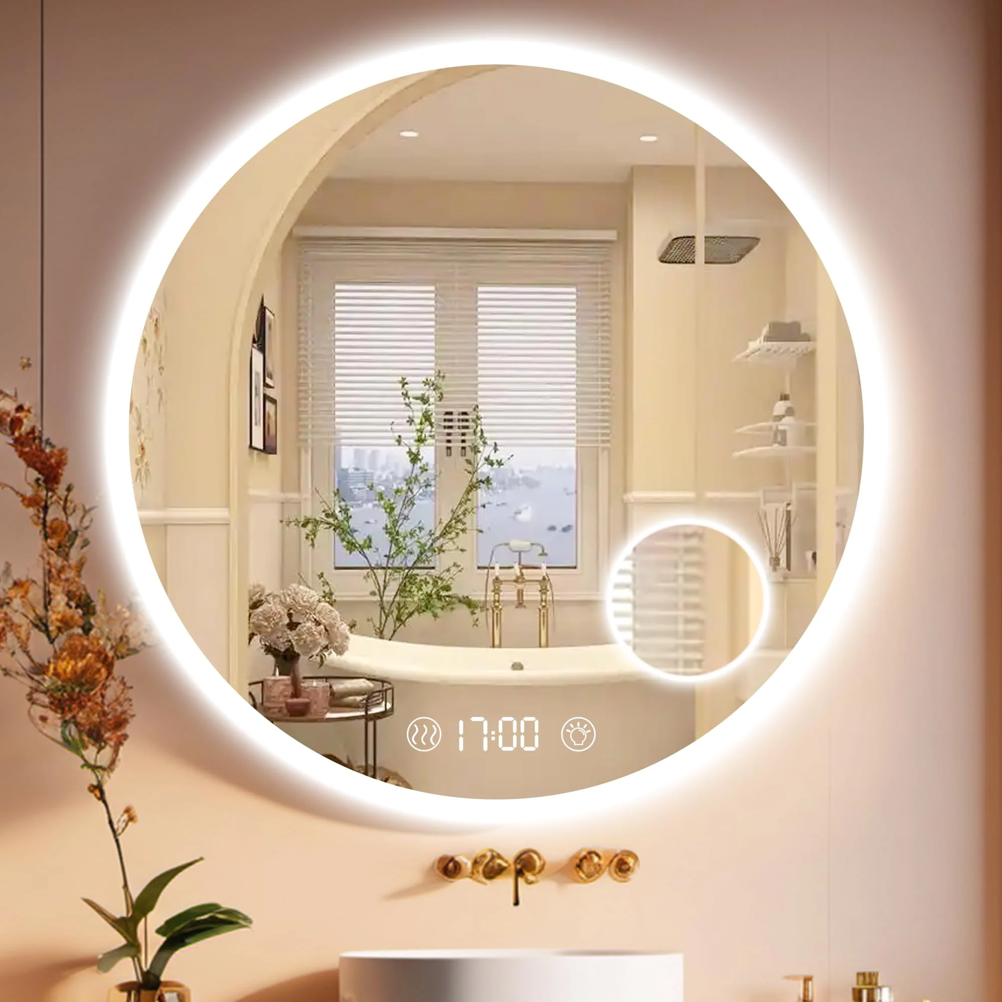 Habison Badezimmer Spiegel Mit Beleuchtung 70 X 70cm LED Badezimmerspiegel Wandspiegel Mit Uhrzeit Und Touch Schalter, Dimmbar,Warmweiß/Kaltweiß/Neutral, Beschlagfrei, 3-Fach Vergrößerung