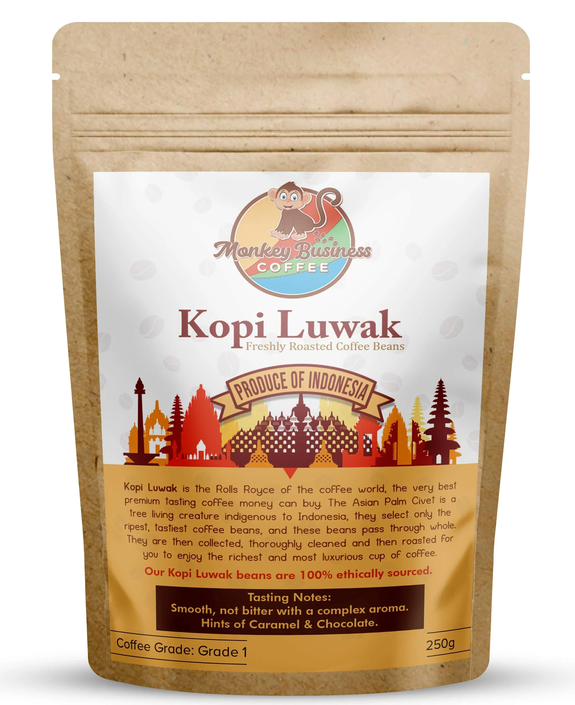 Monkey Business Coffee - Wilde Kopi Luwak Kaffeebohnen - 250 Gramm (Andere Gewichte Und Bohnentypen Erhältlich) - Ethisch Von Freilebenden Tieren Bezogen (Aus Indonesien)