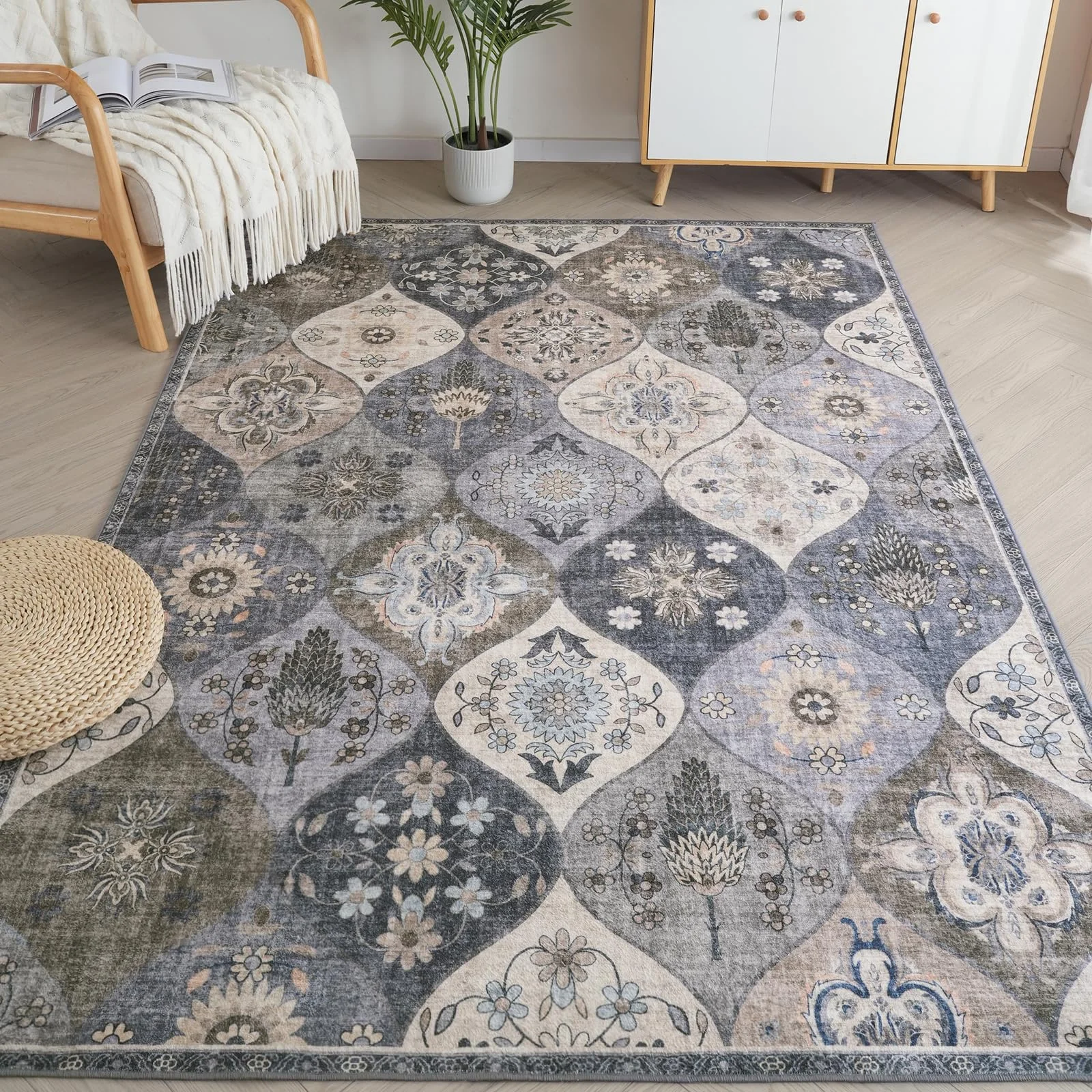 Xfrog Boho Blumen Teppich - Rutschfester Waschbarer Ultraweicher Antiker Niedriger Flor für Wohn-, Schlaf- und Kinderzimmer 160 x 230 cm