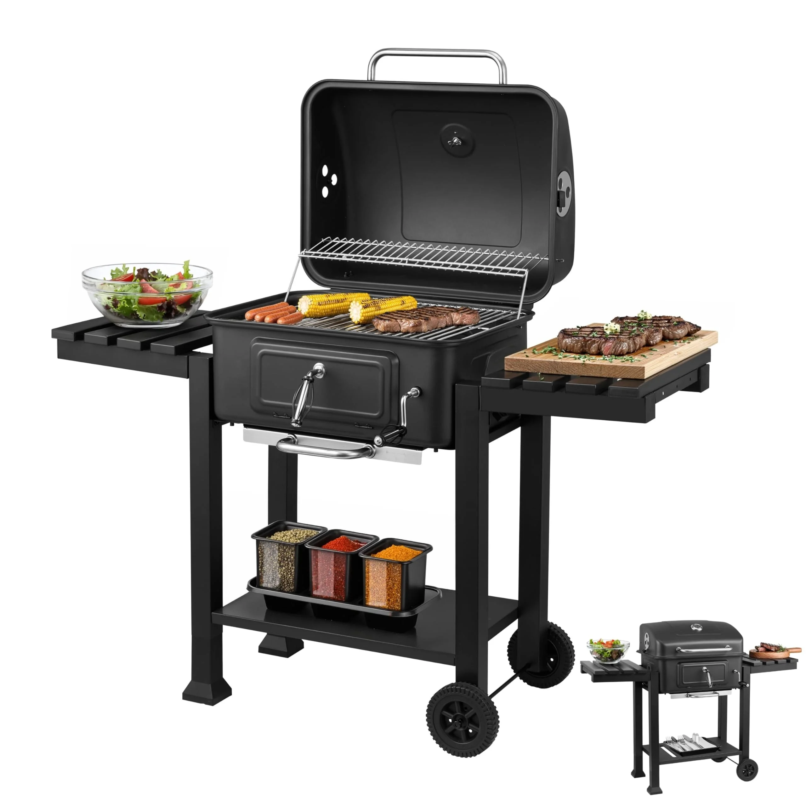 Steinborg® Holzkohlegrill mit Deckel & Thermometer – BBQ Grillwagen fahrbar mit 2 Grillrosten, Warmhalterost, höhenverstellbarer Kohlewanne, Thermometer, Ascheschublade & Seitenablagen