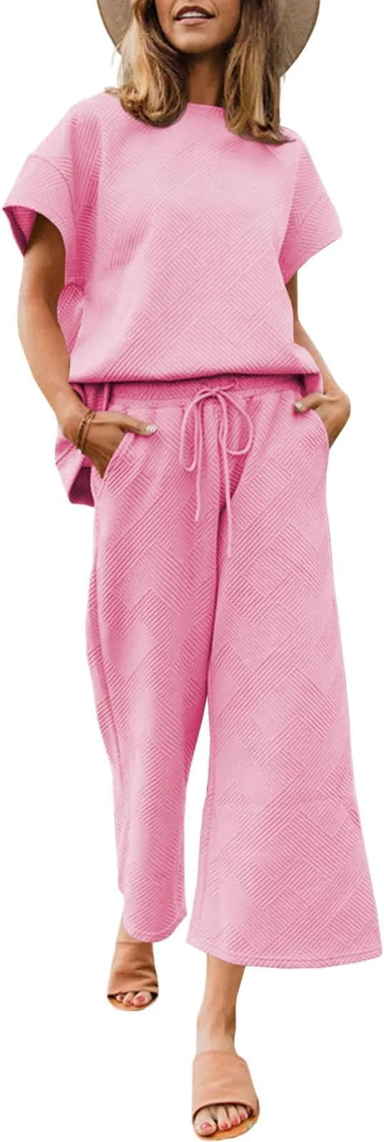 BUNSLOOM Zweiteiler Damen Outfits Sweatsuit Casual Long Sleeve Pullover Tops Drawstring Wide Leg Pants Lounge Sets