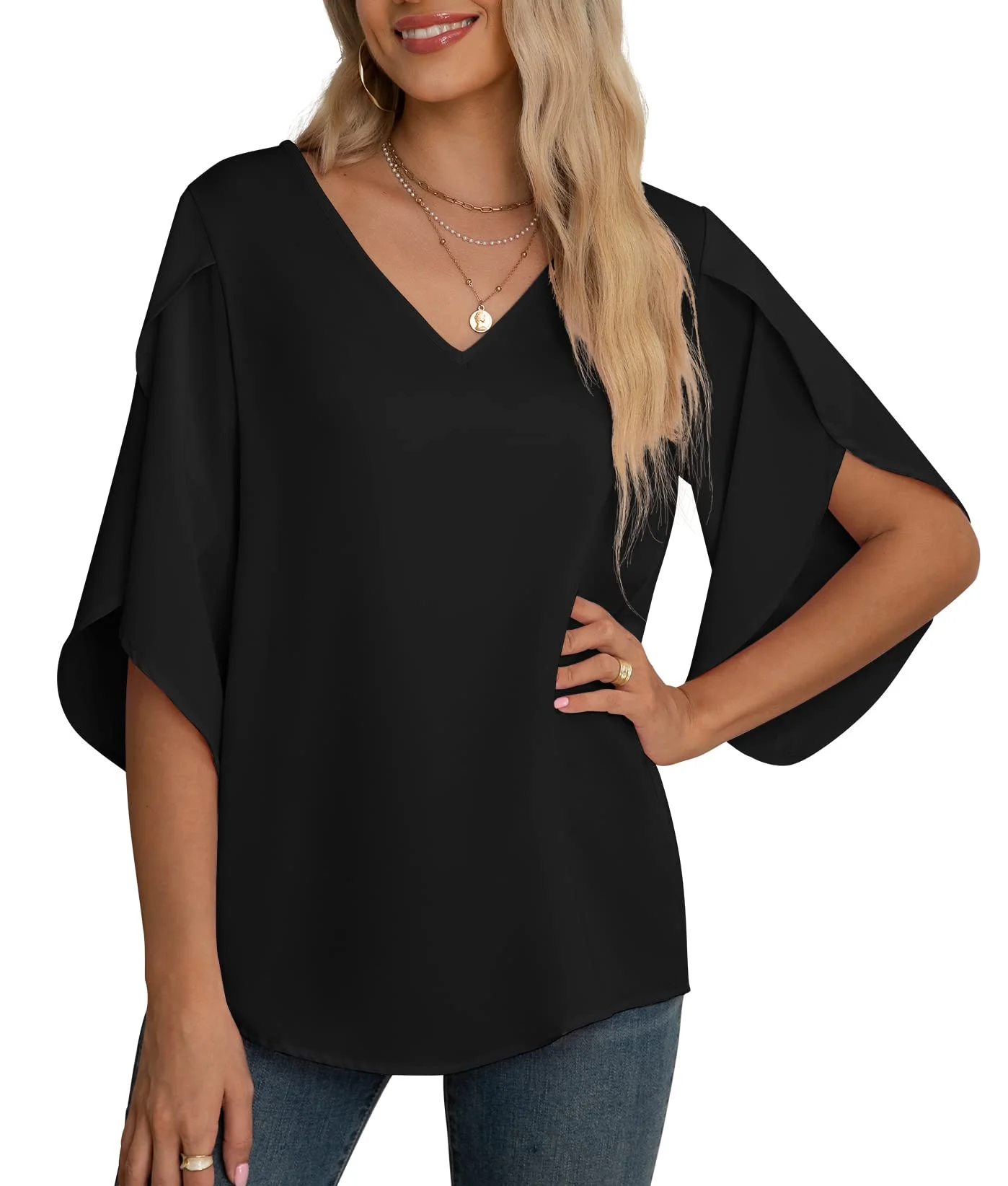 Yommay Damen Bluse Elegant V Ausschnitt Sommer T-Shirts Casual Leicht Chiffon Tunika Kurzarm Tops