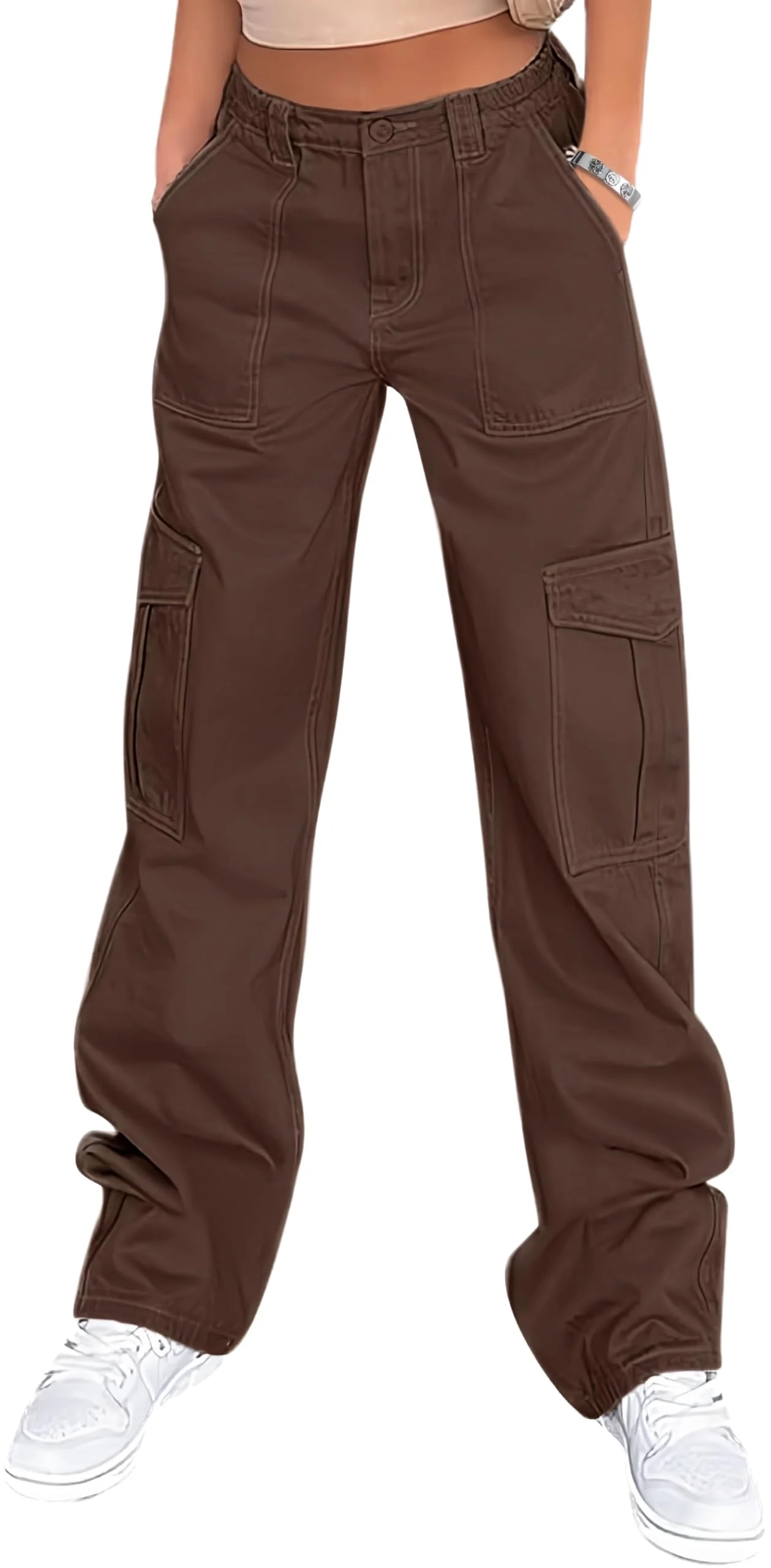 BUNSLOOM Cargohose Damen Hohe Taille 6 Taschen Baggy Weites Bein Stretch Y2K Streetwear Hosen