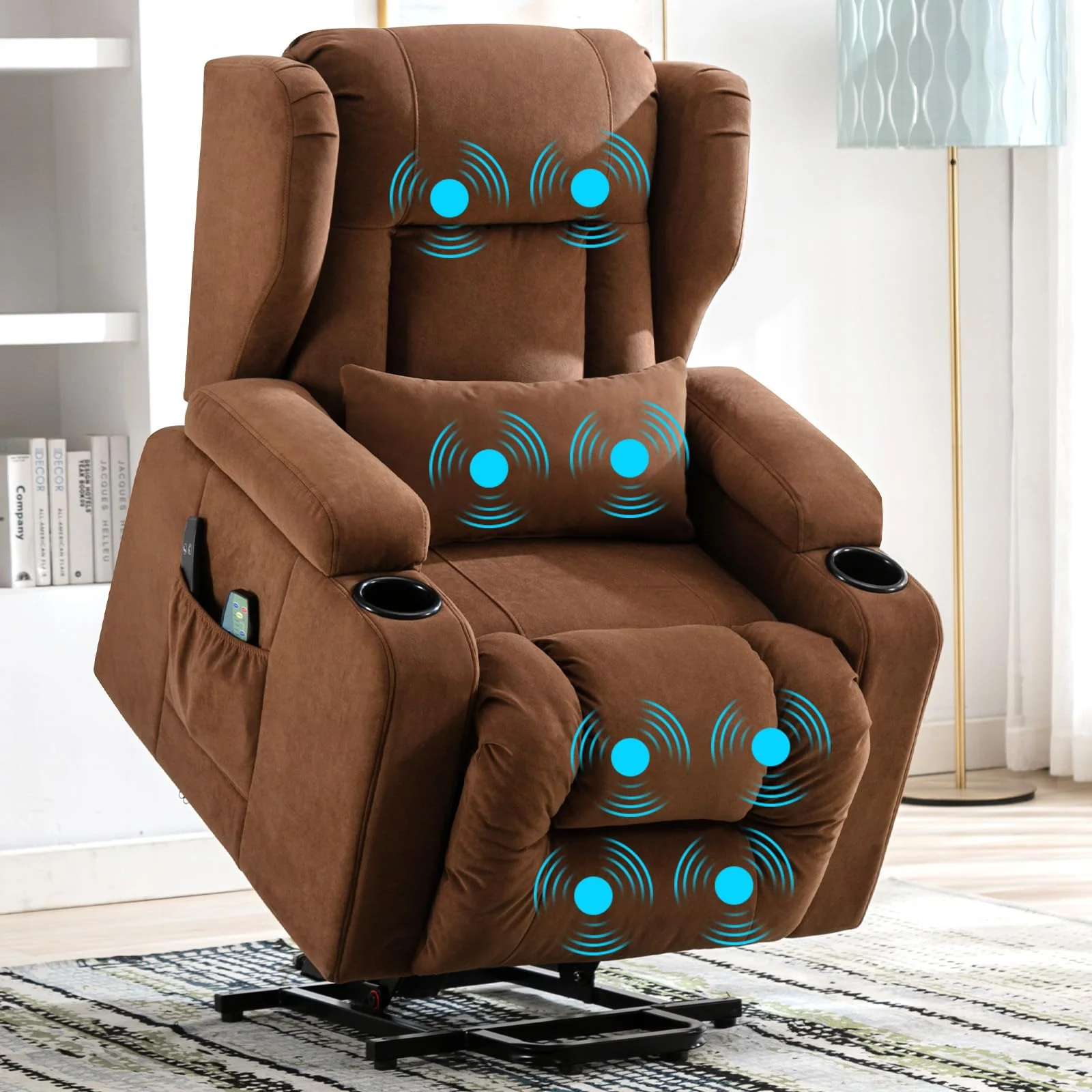 COMHOMA Elektrischer Relaxsessel, Wohnzimmer, Massage, TV, neigbar, Vibration, Stehfunktion, verstellbare Rückenlehne mit Fußstütze und Getränkehalter, brauner Stoff