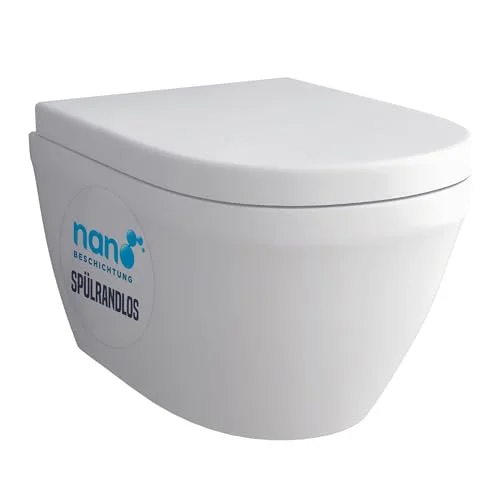 Alpenberger Wand WC Spülrandlos | Moderne Toilette WC Set | Tiefspüler Hänge WC | Toilettendeckel D Form | WC Sitz mit Absenkautomatik | Gäste WC mit Nano | Passend zu Geberit