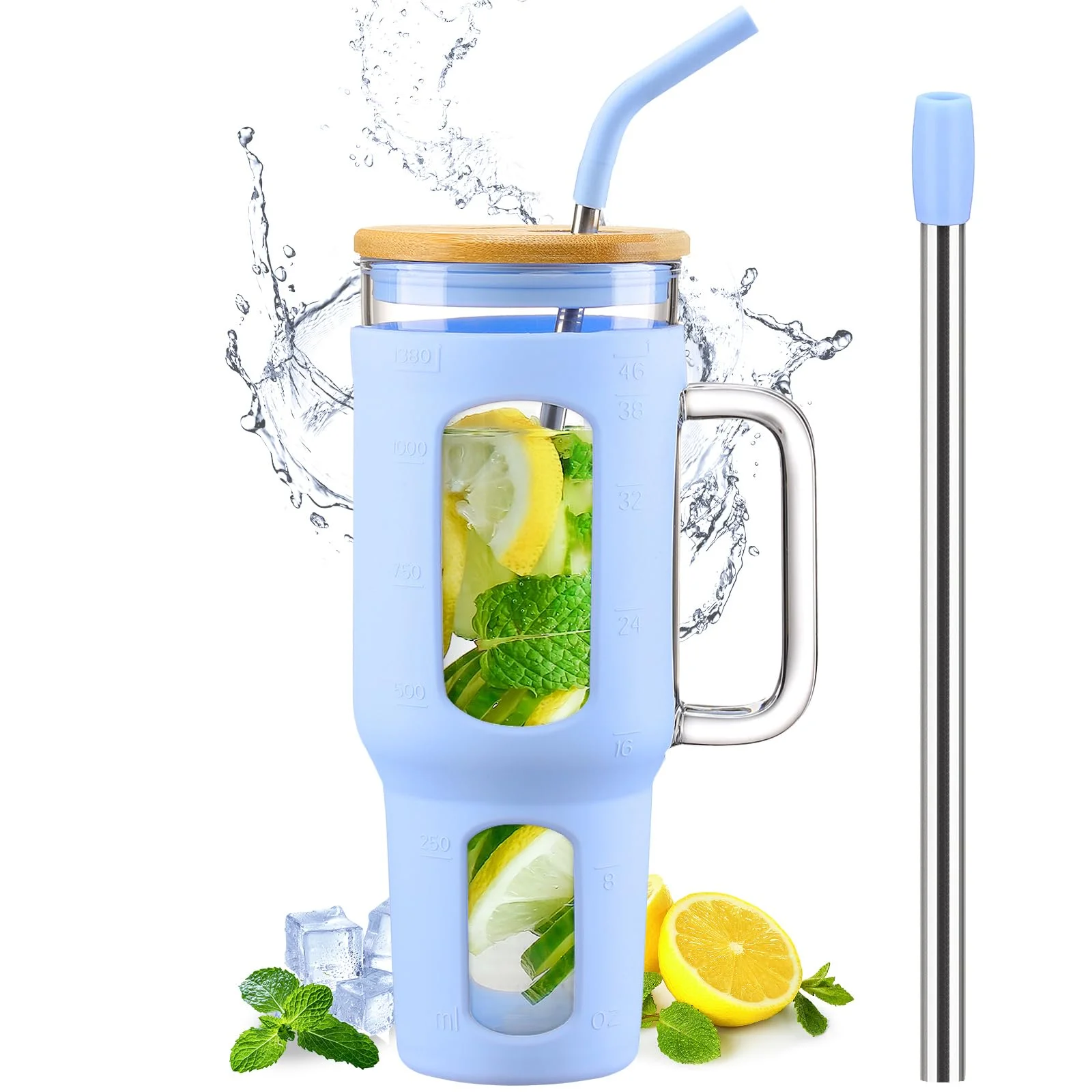 BLUEGO Tumbler becher mit Deckel und Strohhalmen, 1400ml Kaffeebecher To Go mit Henkel, Trinkbecher mit Silikonhülle, 1,4 L Tumbler becher mit 2 Strohhalmen, BPA-frei, Hellblau