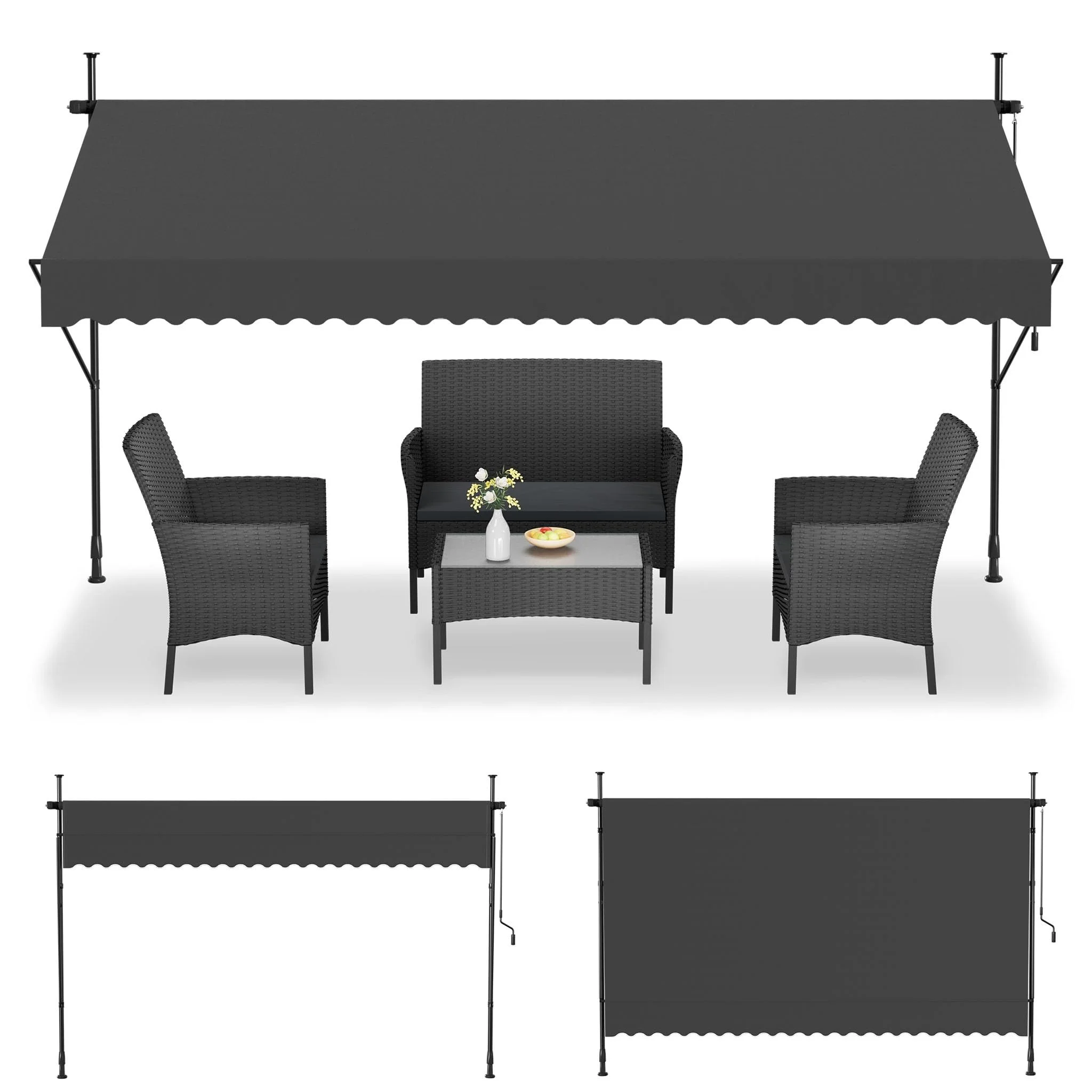 UISEBRT Klemmmarkise mit kurbel 350cm breit - Balkonmarkise ohne Bohren Verstellbar, UV-Schutz, Sonnenschutz, Wetterfest, Dunkelgrau (3,50 x 1,20 m,Dunkelgrau)