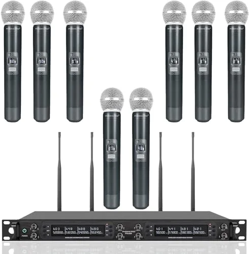 Phenyx Pro 8-Kanal Wireless Mikrofon System mit 8 Handheld Mikrofonen, Funkmikrofon Set mit automatischem Scan, 8x40 einstellbare UHF Kanäle, 328ft Reichweite, für Gesang, Kirche, Karaoke (PTU-6000A)