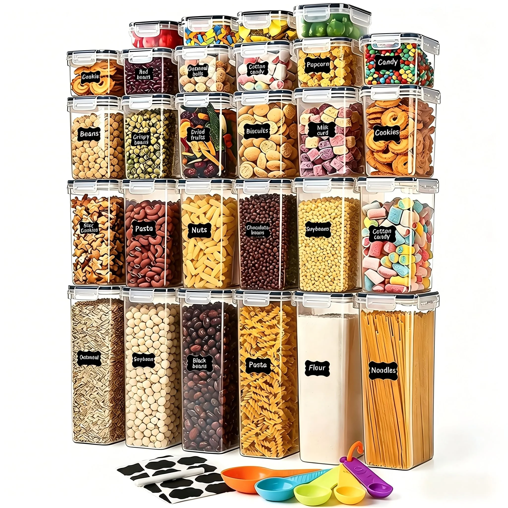 stusgo 28 Stück luftdichte Frischhaltedosen mit Deckel, BPA-frei, transparent, Vorratsbehälter für Küche, Lebensmittel, Speisekammer, Organizer und Aufbewahrung, Kunststoff, Speisekammer-Organizer für