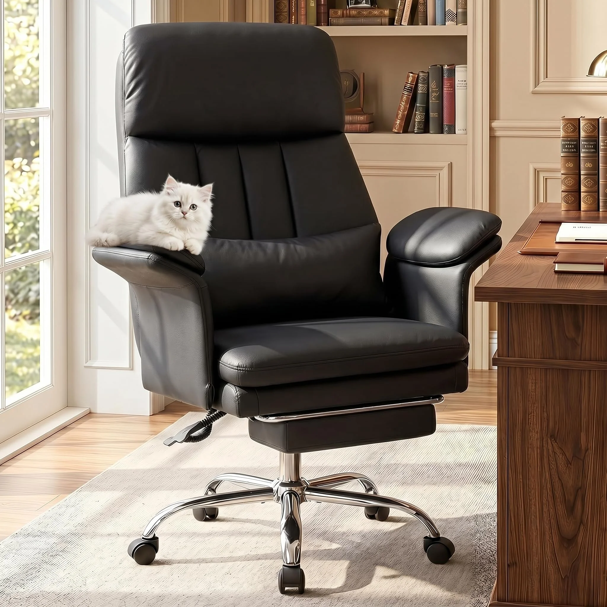 Hellove Bürostuhl mit Fußstütze & Lordosenstütze – Ergonomischer Chefsessel 135° Neigung, Feste Armlehnen, PU-Leder, Höhenverstellbar bis 200 kg für Homeoffice, Schwarz