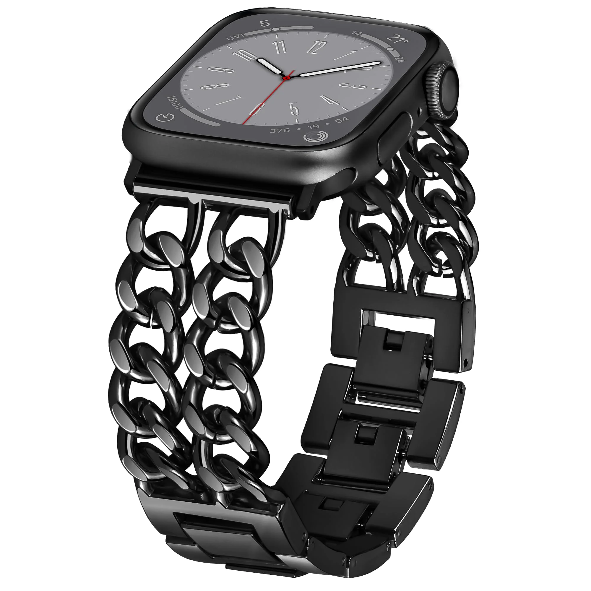 Aniaboho Kompatibel mit Apple Watch Armband 45mm 44mm 49mm 42mm,Doppelketten Damen Metall Armband iWatch für Apple Watch Series Ultra 2 1 SE 11 10 9 8 7 6 5 4 3 2 1 SE, Schmuck für Fraue, Schwarz