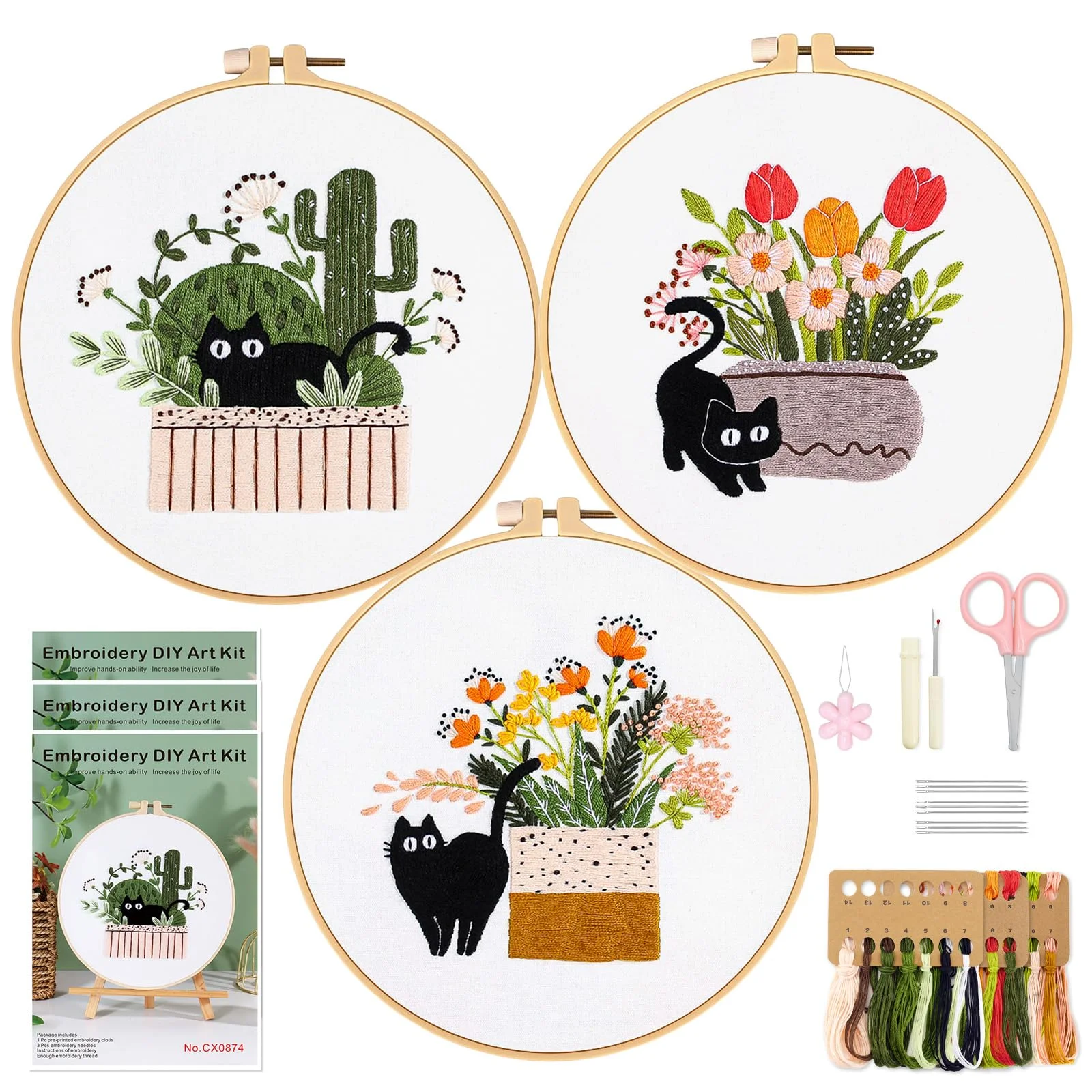 WIVLAX Handstickset für Erwachsene & Anfänger – Stickrahmen Set mit floralem Katzenmuster, inkl. Garn + Nadeln – DIY Näh-Geschenkset für Hobby & Entspannung