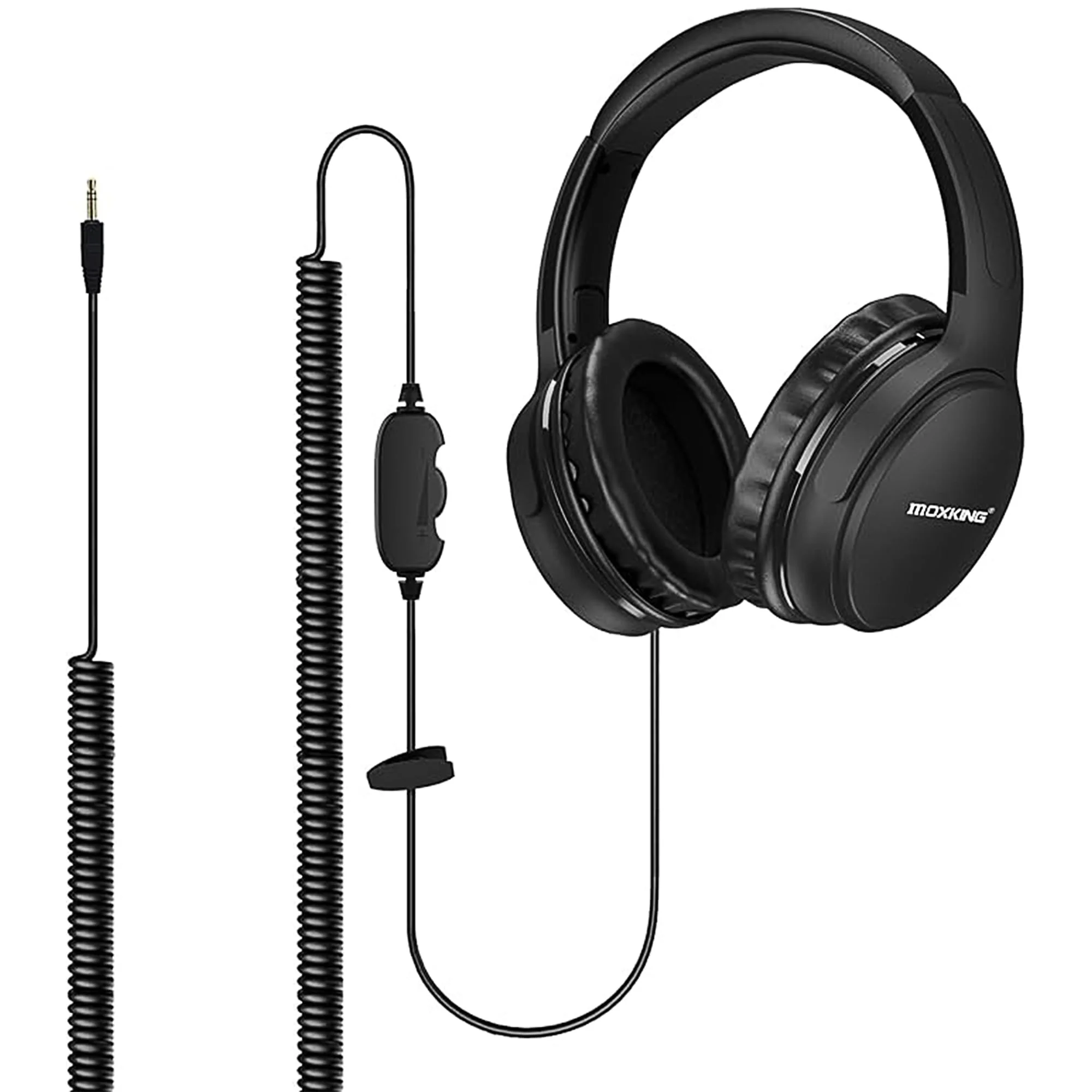 19.5 ft / 6 m extra long cable headphones for TV PC with volume control, spring spiral cable, 3.5 mm AUX, wired over-ear headphones for seniors hard of hearing people, large comfortable computer