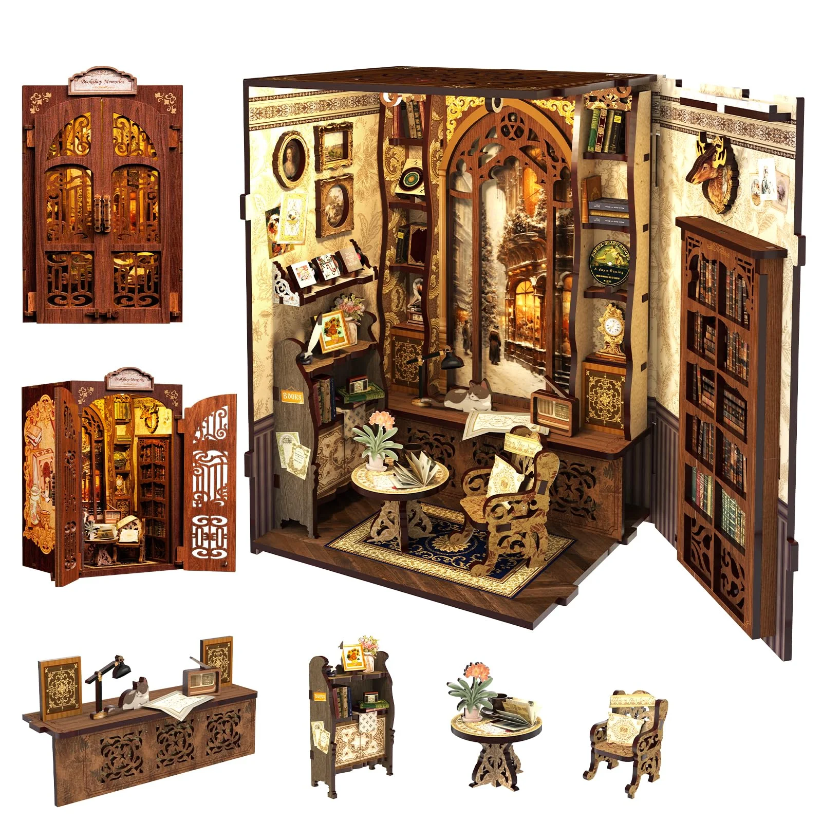 Fsolis Book Nook Kit - DIY Puppenhaus Holz Häuser - Buch Ecke Miniatur Kit für Erwachsene Teens - DIY Miniature Häuser, Bücherregaleinsatz mit Sensor Led Licht (Bookshop Memories)