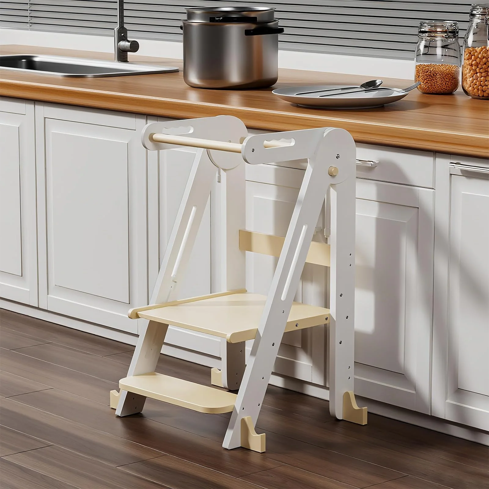 Klappbarer Toddler Tower Tritthocker Höhenverstellbar (Weiß) | Sicherer Kinderhocker ab 1,5 Jahren | Höhenverstellbar & faltbar für Bad & Wohnzimmer. Mit Rutschschutz