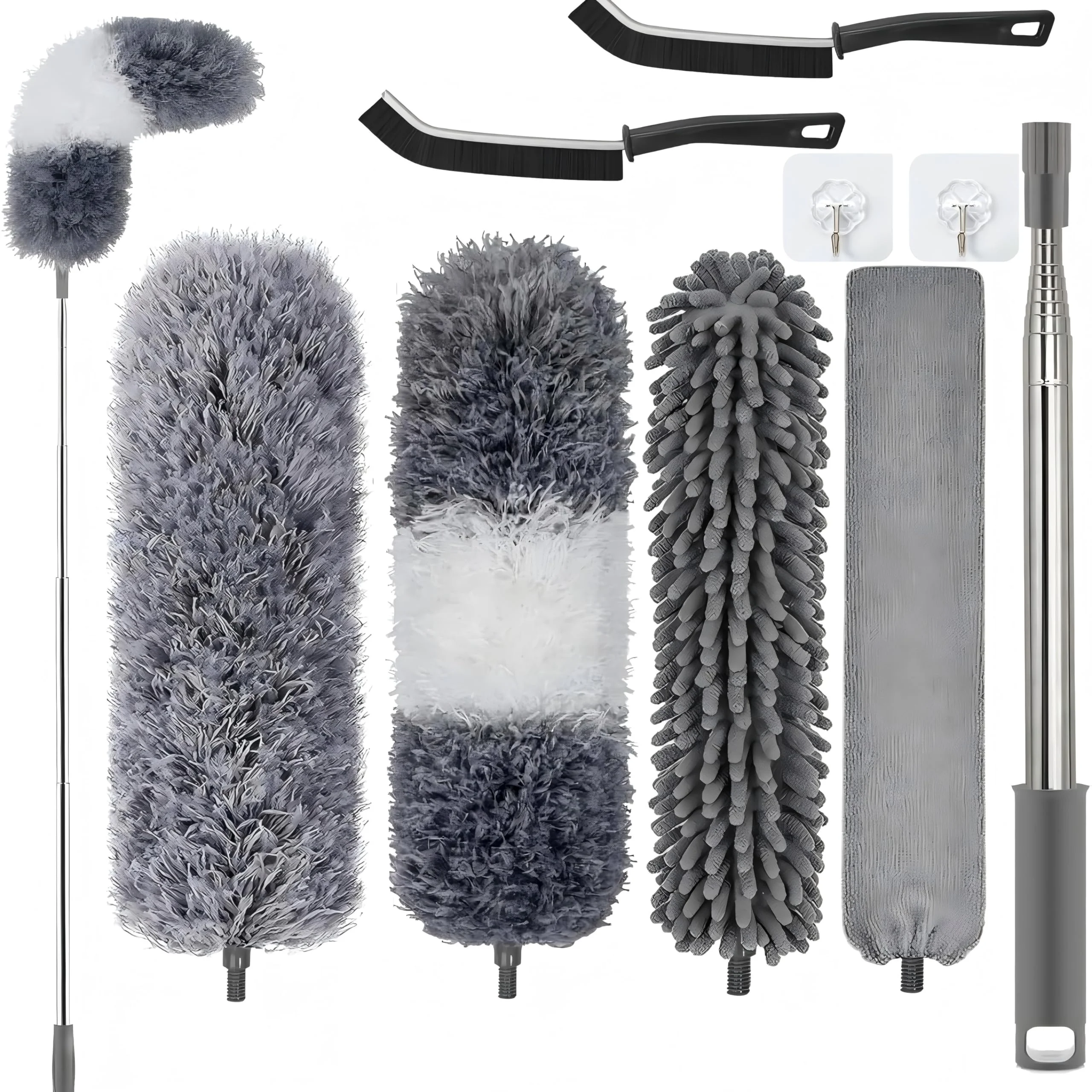 Staubwedel Teleskop lang [TESTSIEGER] im 9 teiligen Set,Bis 2,54m ausziehbar und waschbar, Staubwischer, Mikrofasern Staubmagnet Magic Duster, Staubfänger Haushalt und Gewerbe für Reinigen Lücken,Grau