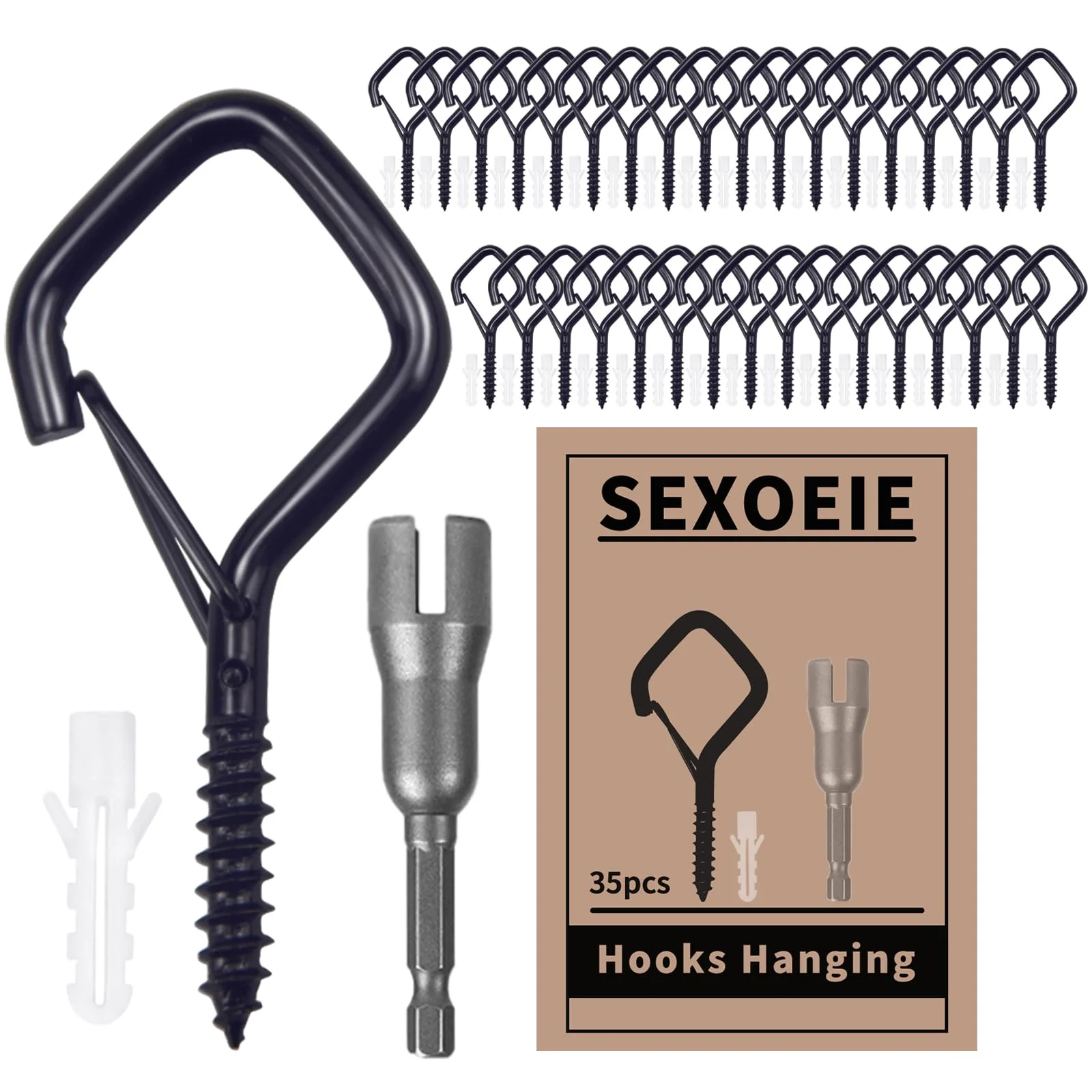Sexoeie 35 Stück Schraubhaken mit Sicherung, Schwarz Metall Deckenhaken zum Aufhängen, Haken zum Schrauben für Pflanzen, Lichterketten & Deko, Innen & Außen (2,36 Zoll)