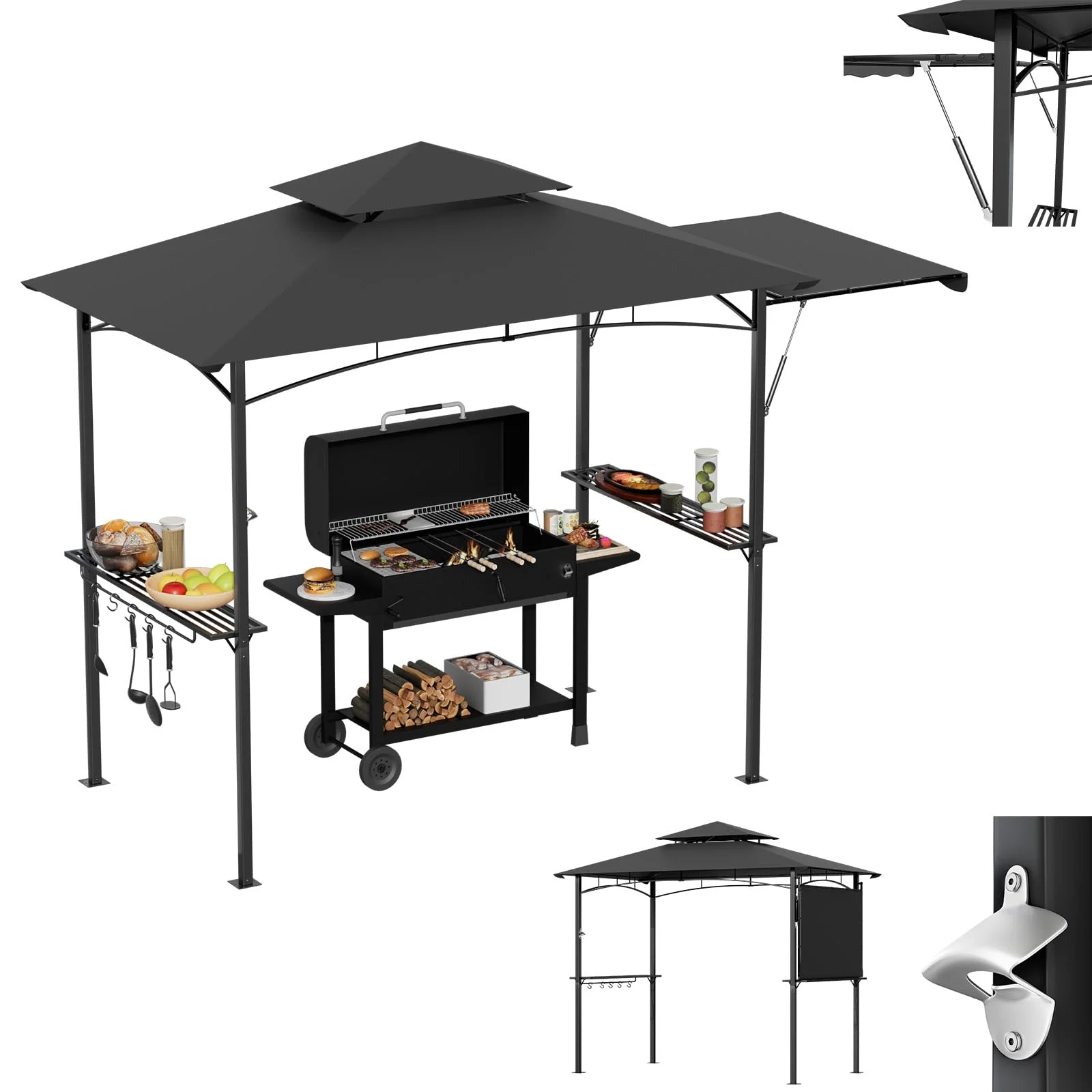 LZQ Grillpavillon mit Seitenmarkise Doppeldach BBQ Pavillon Grillüberdachung mit Ablagen Haken Flaschenöffner wetterfest Grillzelt Gartenpavillon Grillunterstand mit Hydraulikstange, Grau