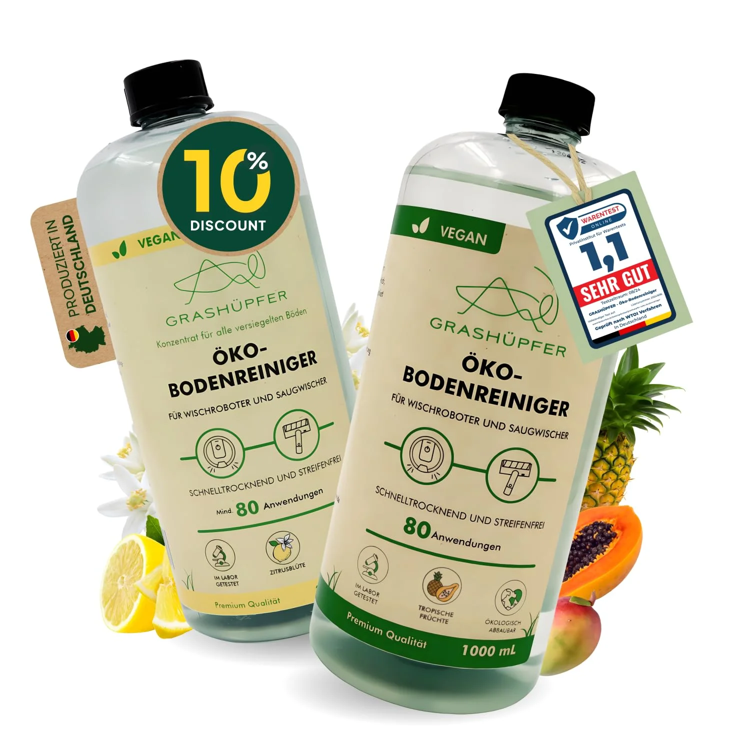 2er Set GRASHÜPFER® Öko Bodenreiniger für Wischroboter [ZITRUSBLÜTE & TROPISCH] - Wischroboter Reinigungsmittel kompatibel mit Roborock, Dreame, Ecovacs & Co. für Laminat, Parkett, Fliesen - 2x1000 ml