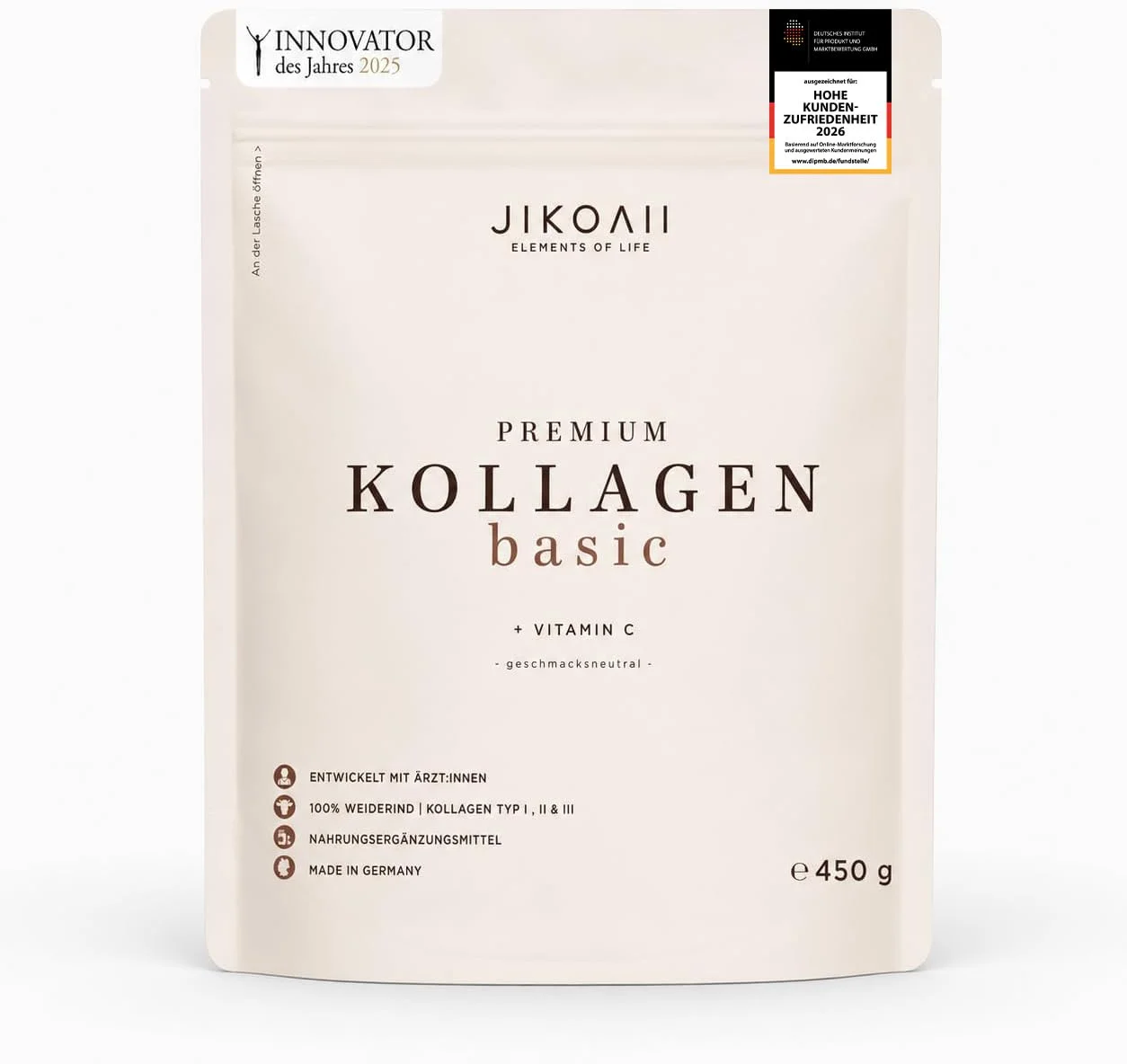 JIKOAII® BASIC Kollagen Pulver, Vitamin C, Typ I II III, 450 g, Neutral | Collagen Peptide aus 100% Weiderind, Vitamin C, Haut Haare Nägel & Bindegewebe, 30 Portionen, neutral, Made in Germany
