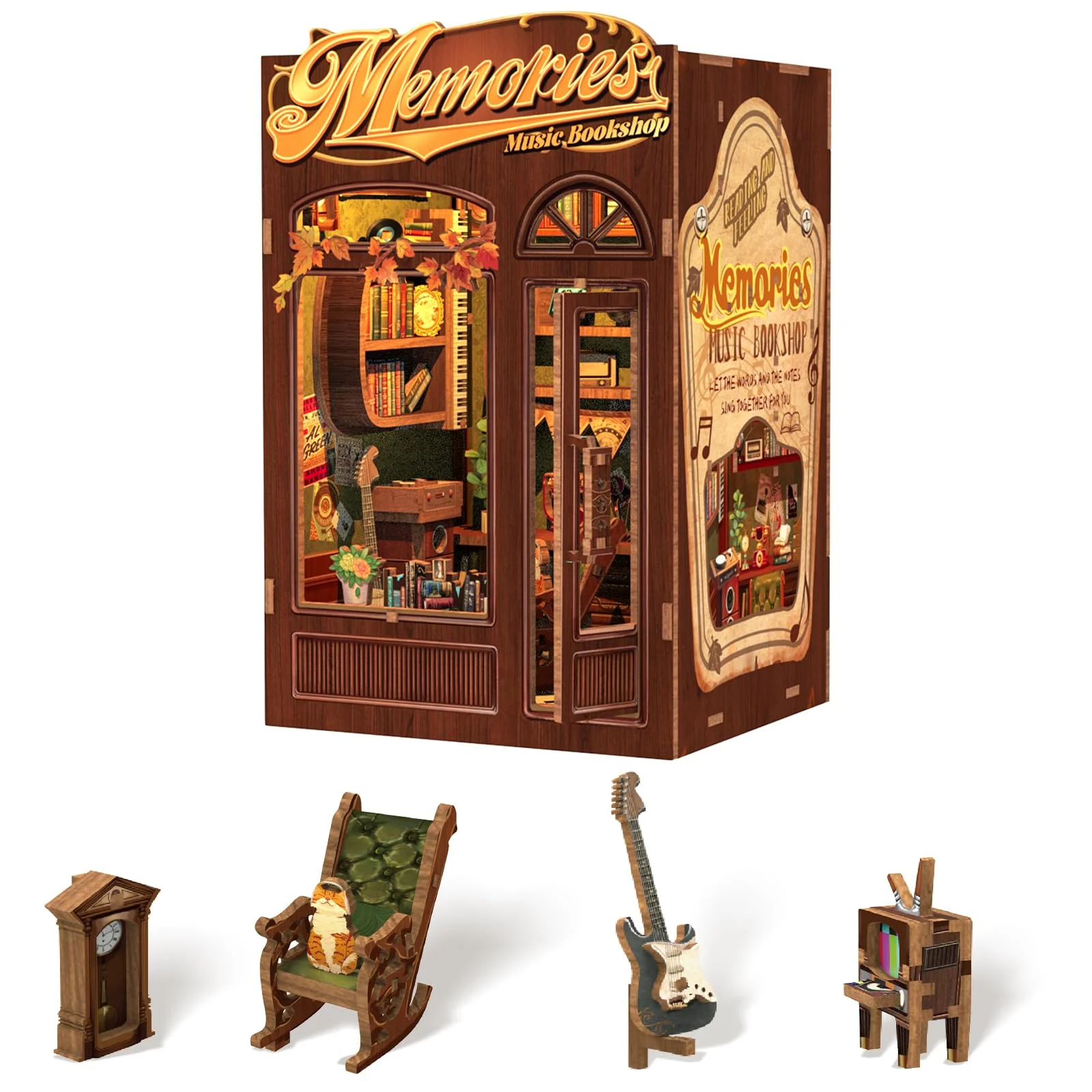 CUTEBEE Book Nook Kits for Adults - DIY Puppenhaus Miniatur mit LED-Licht, Holz Elegant & Ornate Style Miniatur Haus Bauen Sie Sich, Geschenke für Familie und Freunde（Memories Music Bookshop）