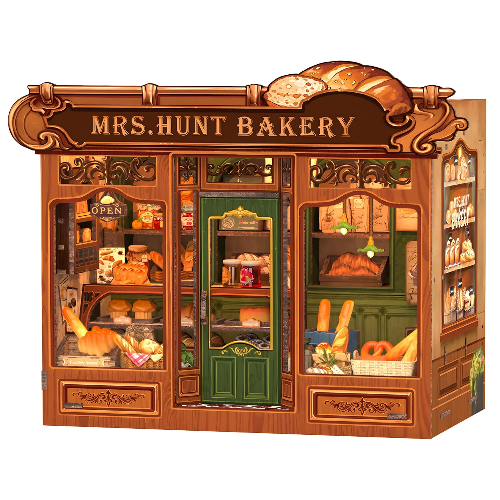 Fsolis Book Nook Bäckerei – Modernes Miniaturhaus mit LED Beleuchtung – Holzpuzzle inklusive Möbelset und Zubehör – Eines der kreativsten Geschenke (MRS. Hunt Bakery)