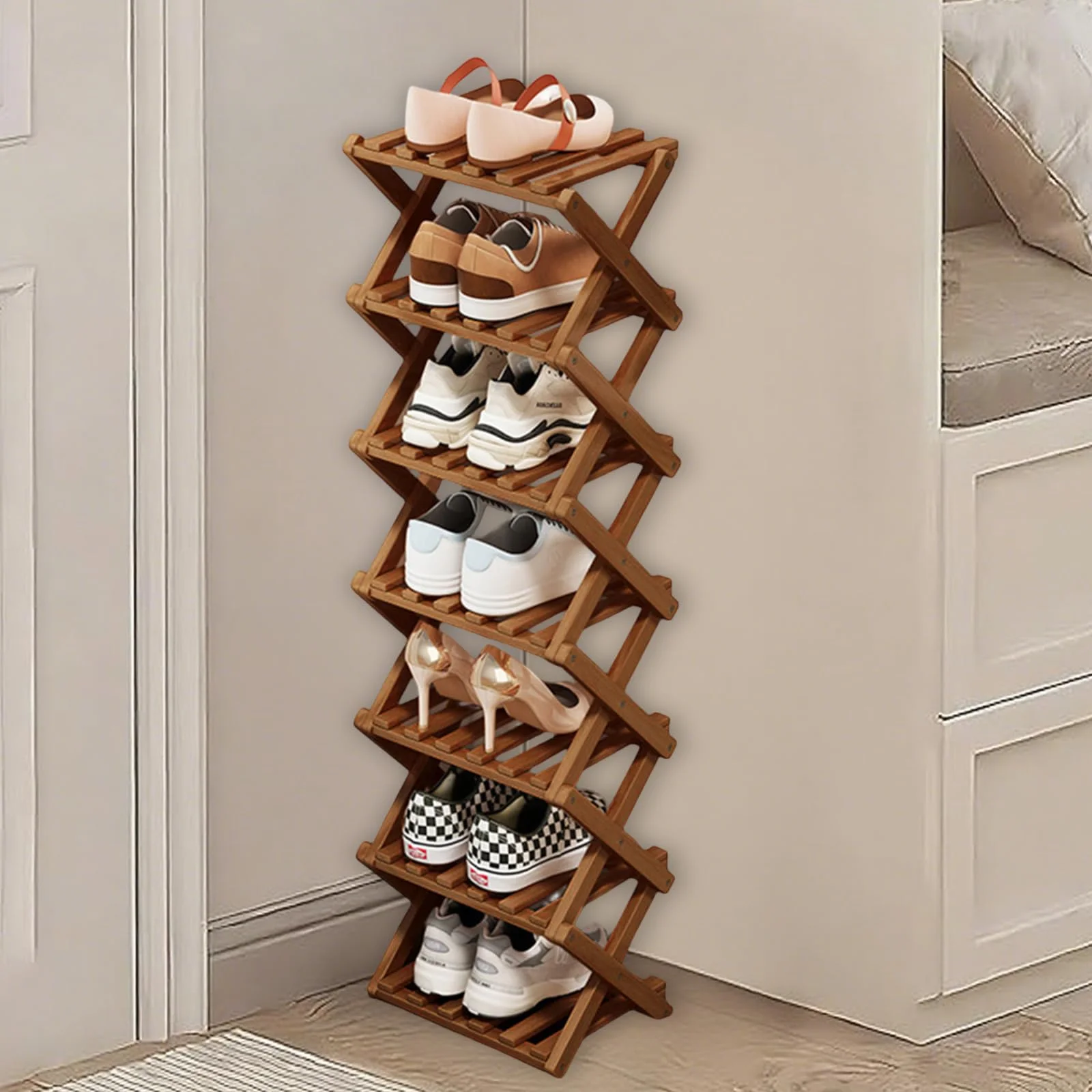 kiss me Faltbares Schuhregal, klein, vertikales Schuhregal aus Holz, kleines Schuhregal für Engen Raum ohne Installation, drinnen für Flur, Eingang, Ecke, Schlafzimmer (Braun, 7 Etagen)