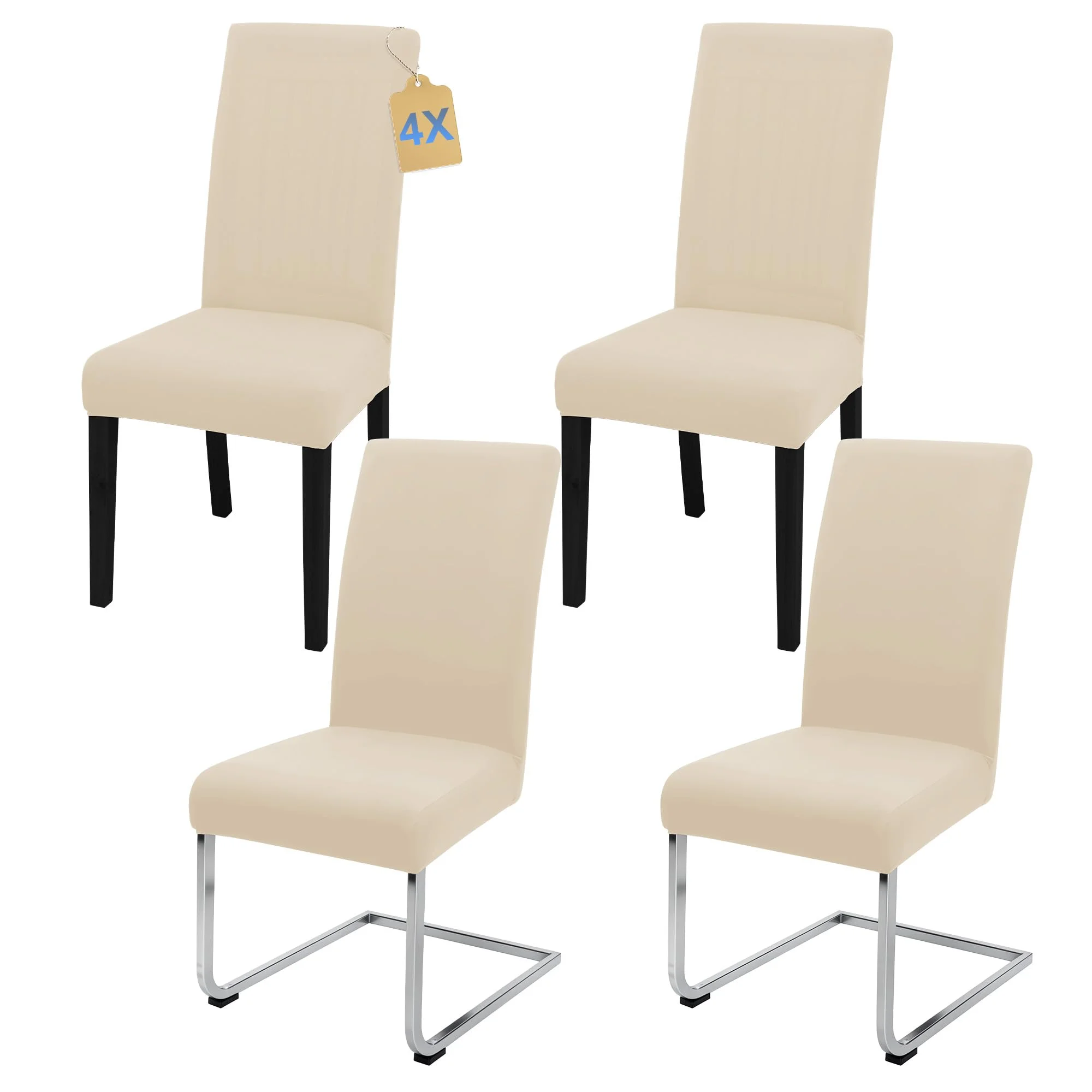 SUKAIKEQA Dehnbarer Stuhlbezug, Hochstuhlbezug, Bürostuhlbezug, (Satz 4/6/8 Stück mit Rückenlehne), geeignet für Wohnzimmer, Küche, Party und Hotel (4, Milchseide Beige)