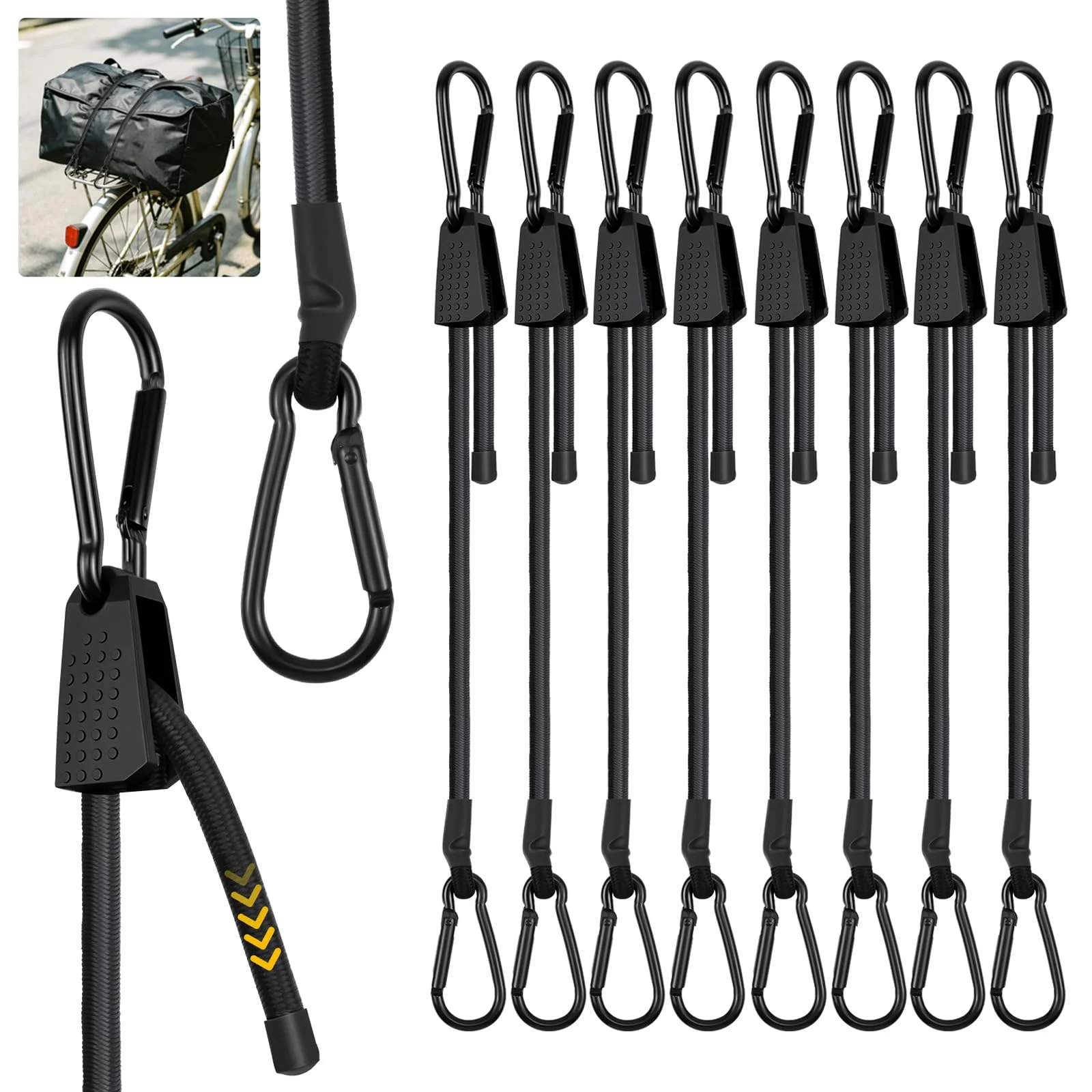 Expander mit Karabiner Haken 30cm, 8 Stück Spanngummi Verstellbar, Wetterfester, UV-beständiger, Schwarz Gummispanner Gepäckspanner für Sonnensegel, Gartengeräte, Ladung, Dachträger, Auto, Zelten