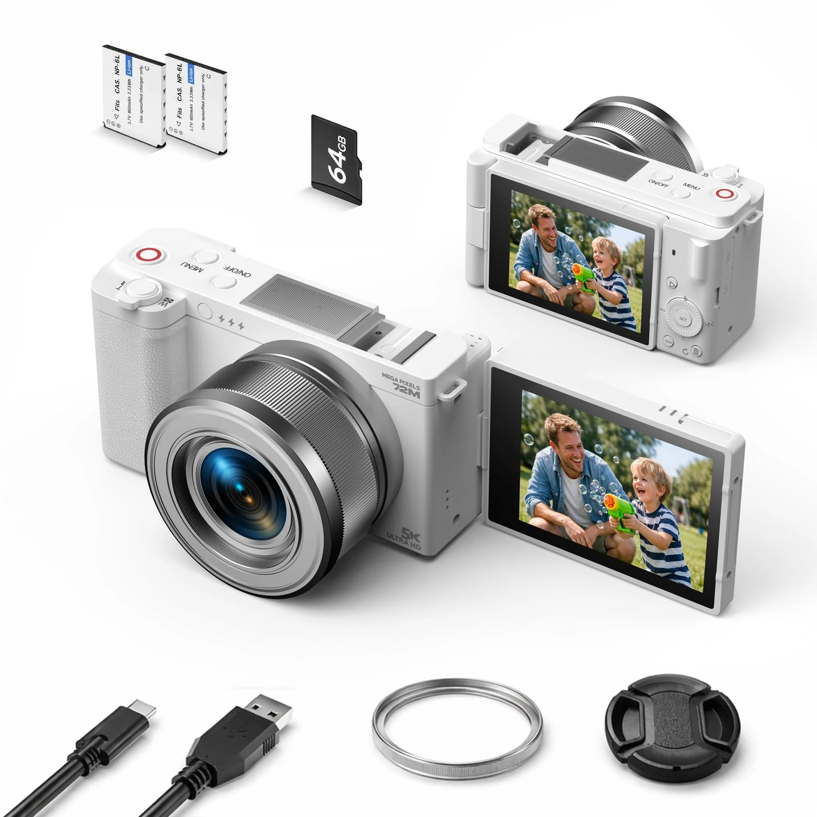 Digitalkamera 5K 72MP Kompakte Kamera Fotokamera mit 6-fachem optischen Zoom, 2,8-Zoll 180° Flip-Bildschirm, Autofokus, Anti-Shake, 64GB Speicherkarte und 2 Akkus für Vlogging und Reiseaufnahmen