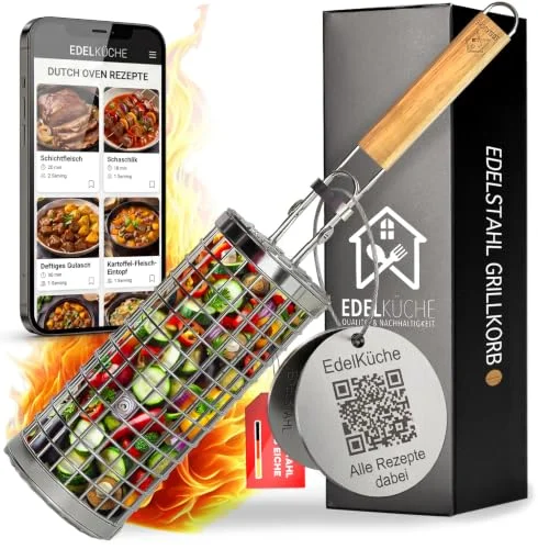 EdelKüche Premium Grillkorb aus Edelstahl für Gemüse und Fleisch | Rund, Zylindrisch | Grillzubehör | super Geschenk