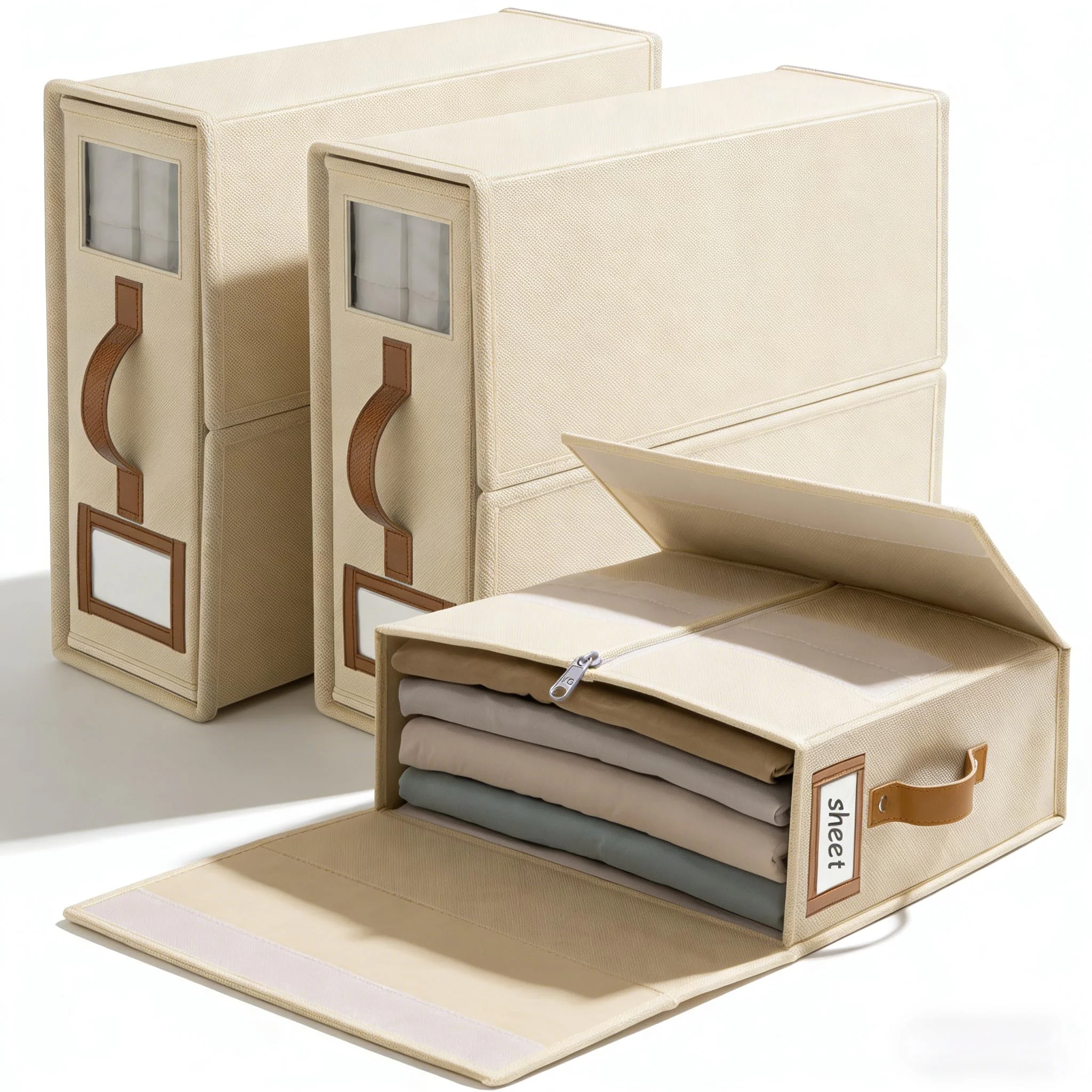 SwartLife 3er Set Bettwäsche Organizer Box - Premium Leinen-Mix Betttuch Aufbewahrung für King Size Bettlaken & Decken - Faltbare Schrank Ordnungssystem mit Sichtfenster & Etikett - Cremeweiß