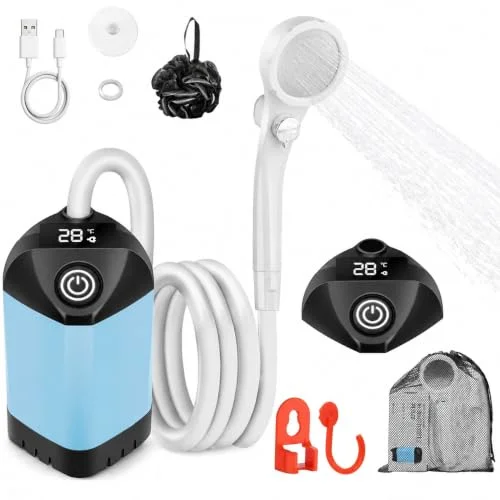 B013 Portable Camping Dusche mit 7800mAh Akku, USB-C, 3-Stufen Duschkopf & leiser Pumpe – Wasserdicht mit LED Temperaturanzeige für Vanlife, Outdoor Reise, Strand & Haustier