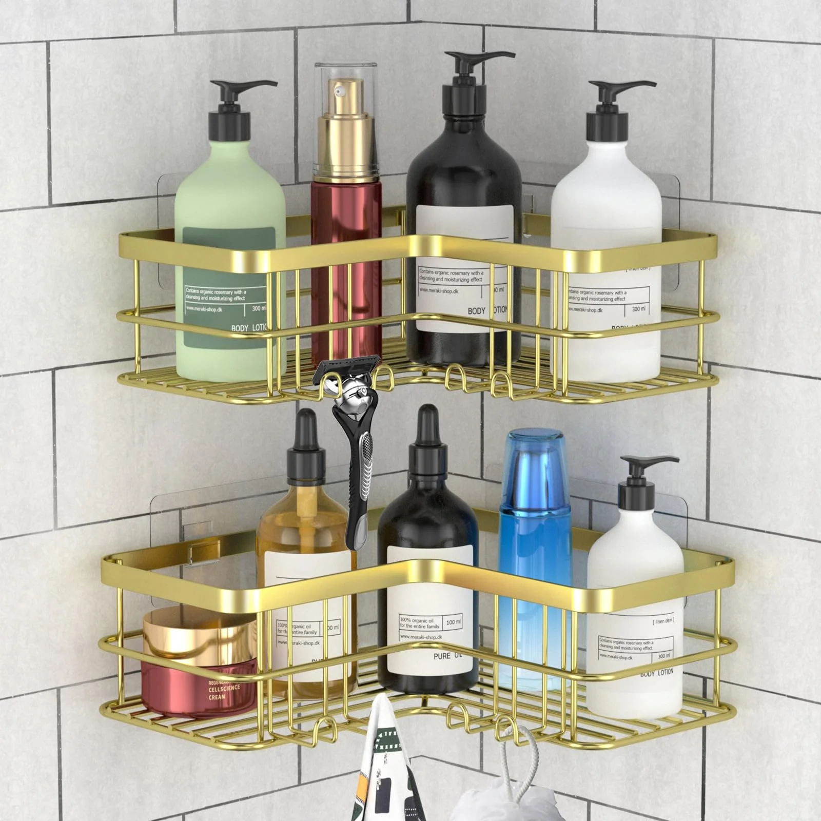 Yazoni Duschablage Ohne Bohren Ecke - 2 Stücke Shampoo Halterung für Dusche, Regale für Wände Badezimmer mit 8 Haken, Große Kapazitäten Rostfreier Duschkorb Golden
