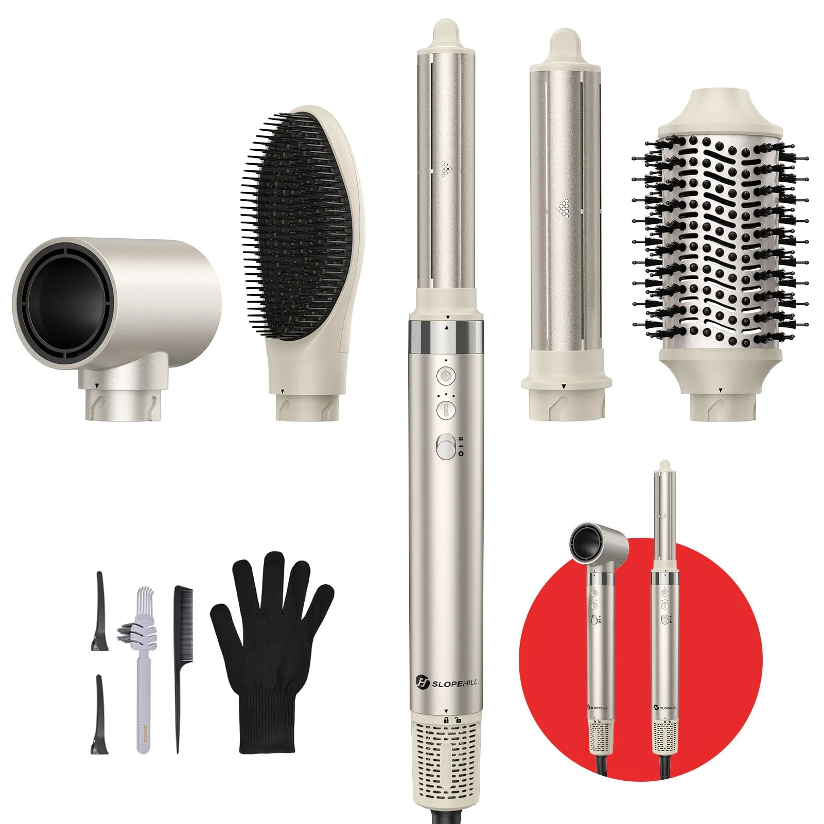 slopehill 5 IN 1 Airstyler, Hairstyler, Lockenstab Auto-Wrap, Ionen Föhn (110.000 RPM), Warmluftbürste & Glätteisen | Zum Styling, Volumisieren, Locken und Glätten - Zuhause & Reisen （Champagne-Gold）