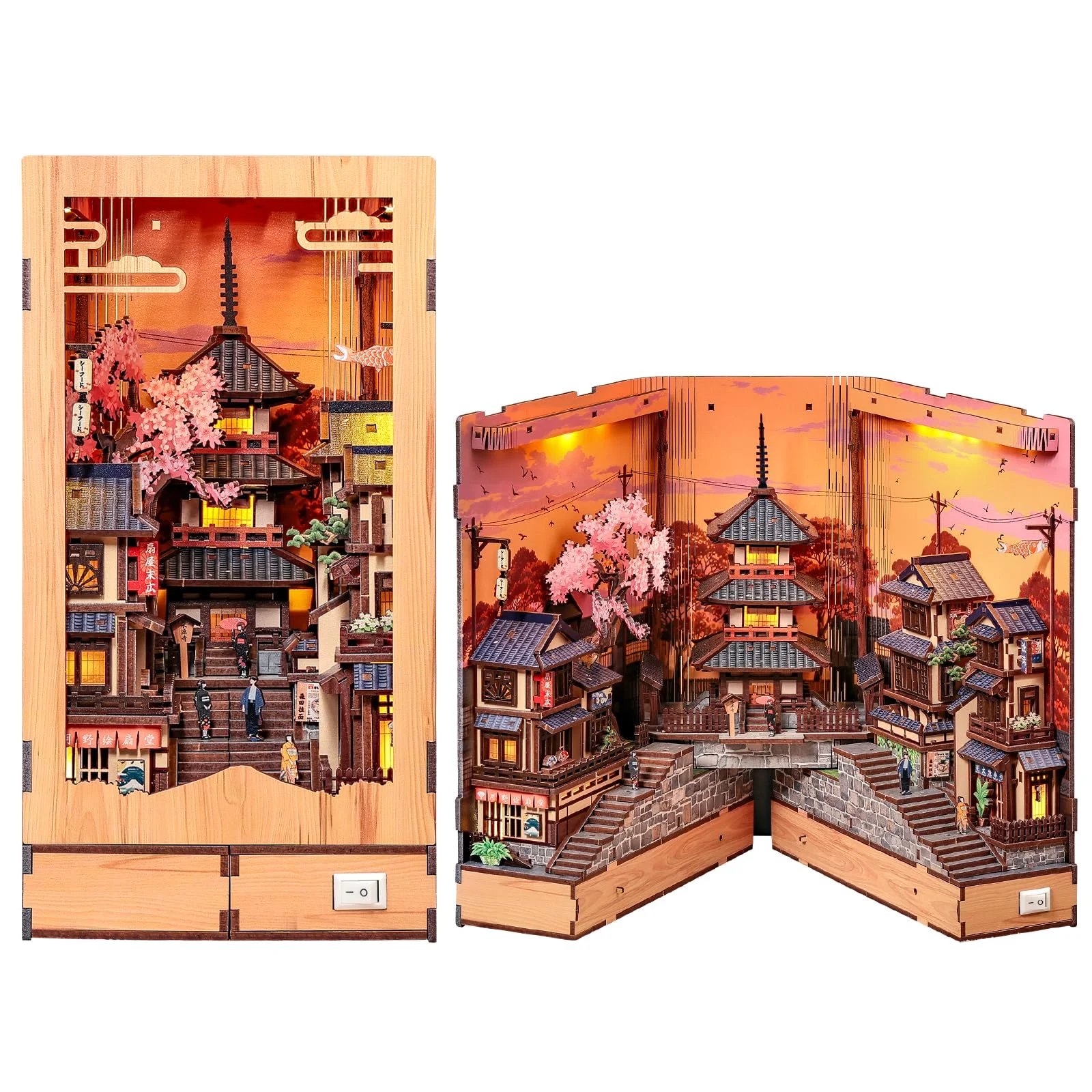 CUTEBEE 3D-Holzmodell Bausatz mit LED-Warmlicht, Japan Kyoto Straße Bücherregal-Einsatz, Miniaturhaus Holzpuzzle für Erwachsene, Geschenk (Twilight Sakura Path)