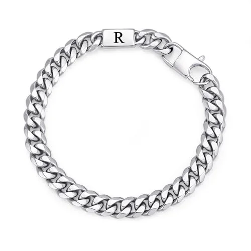 Herren Armband Edelstah Panzerkette mit Buchstaben - Silber Panzerkette Armband für Männer Jungen A-Z, Buchstabe Kubanische Armbänder 8mm Breite 21cm Länge Geschenke für Ehemann Papa Sohn Bruder