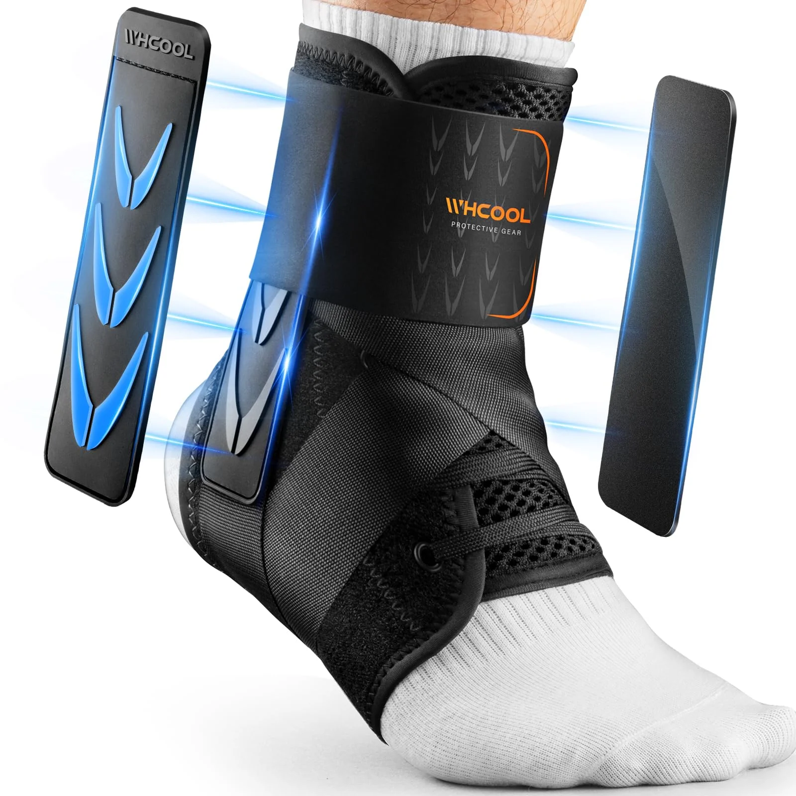 WHCOOL Knöchelbandage für verstauchte Knöchel, Klettverschluss, atmungsaktiv, mit 2 Stützpads, Stabilisator für Damen und Herren, Verhütung fußbandage, Sport (BK-schwarz, M)