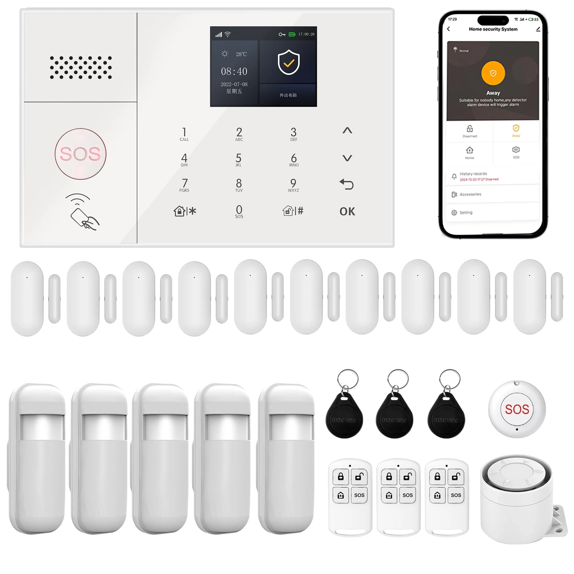 RenseCum Alarmanlage Haus, Smart Sicherheitssystem mit Touchscreen, 24PCS | Alarmanlage für Wohnung, Haus, Büro: einfache DIY-Installation, mehrere Sensoren, Alexa & App-Steuerung