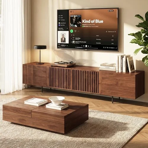 OLEYLUCKLIVE Mid-Century Modern TV-Schrank für 80+ Zoll Fernseher - TV Lowboard mit Stauraum - Home Entertainment Center in Walnuss für Wohnzimmer, Schlafzimmer