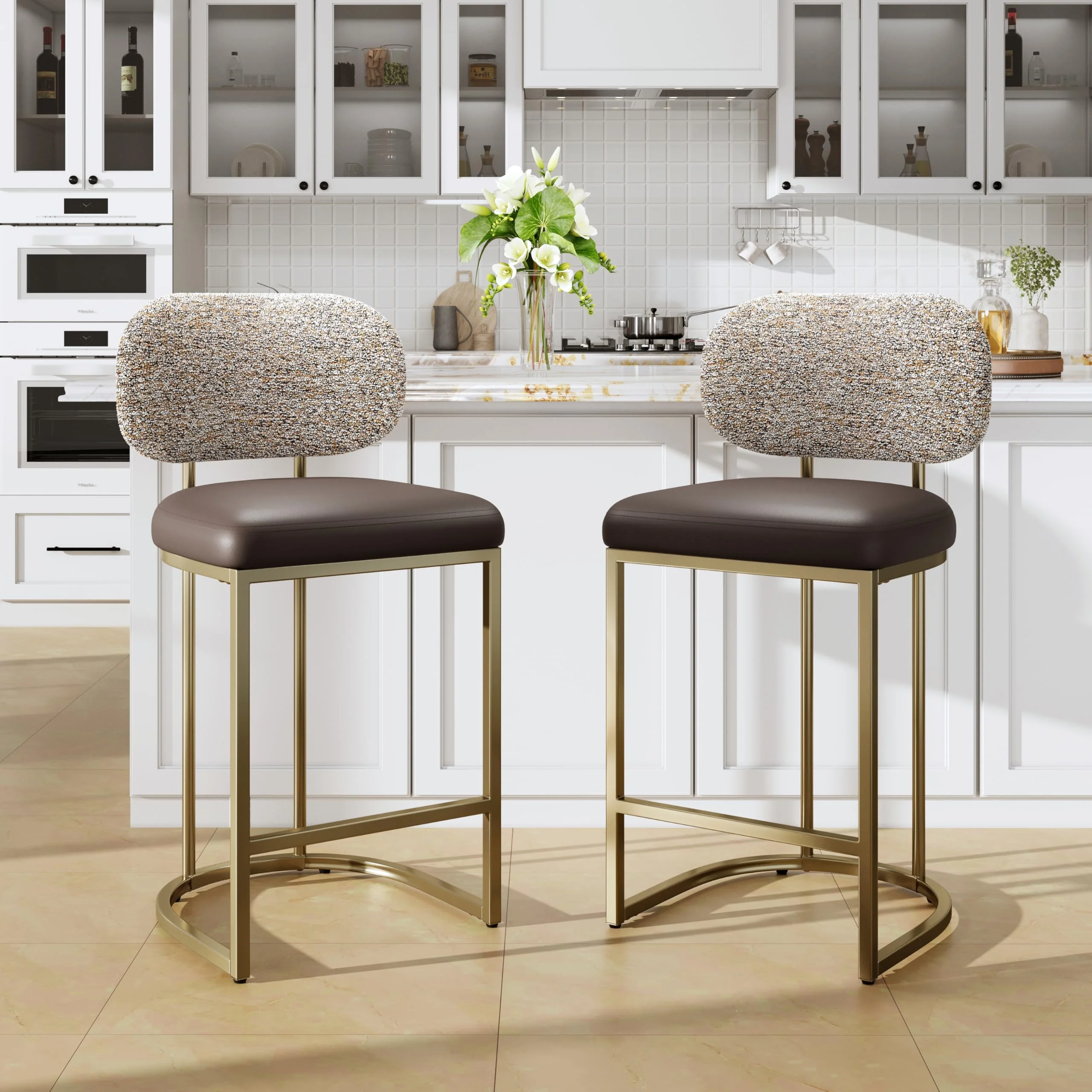 ALPHA HOME Barhocker 2er Set mit Lehne Küchenhocker mit Fußstütze Barstuhl 2er Set mit Metallgestell Barstühle für Küche, Esszimmer, Hausbar, Kaffeefarbe