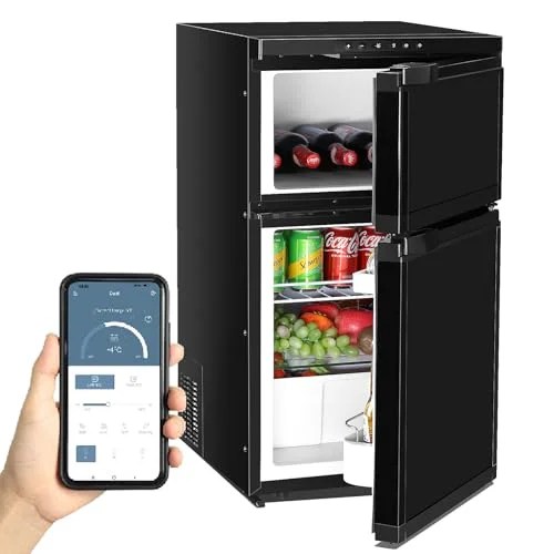 80L Kompressor Kühlbox mit Gefrierfach, 12V 24V 230V Auto Kühlschrank mit APP Steuerung & LED, -20℃ Gefrierfach, 2-Tür Kühl Gefrierkombination für Wohnmobil, Caravan, LKW, Boot, Camping, Reisen