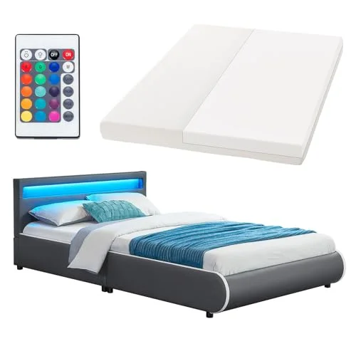 Juskys Polsterbett Sevilla 140x200 cm mit Matratze, LED Beleuchtung, Lattenrost & Kopfteil - Holz & Kunstleder - 16 Farbeinstellungen & Fernbedienung - Bett Jugendbett Einzelbett - Weiß