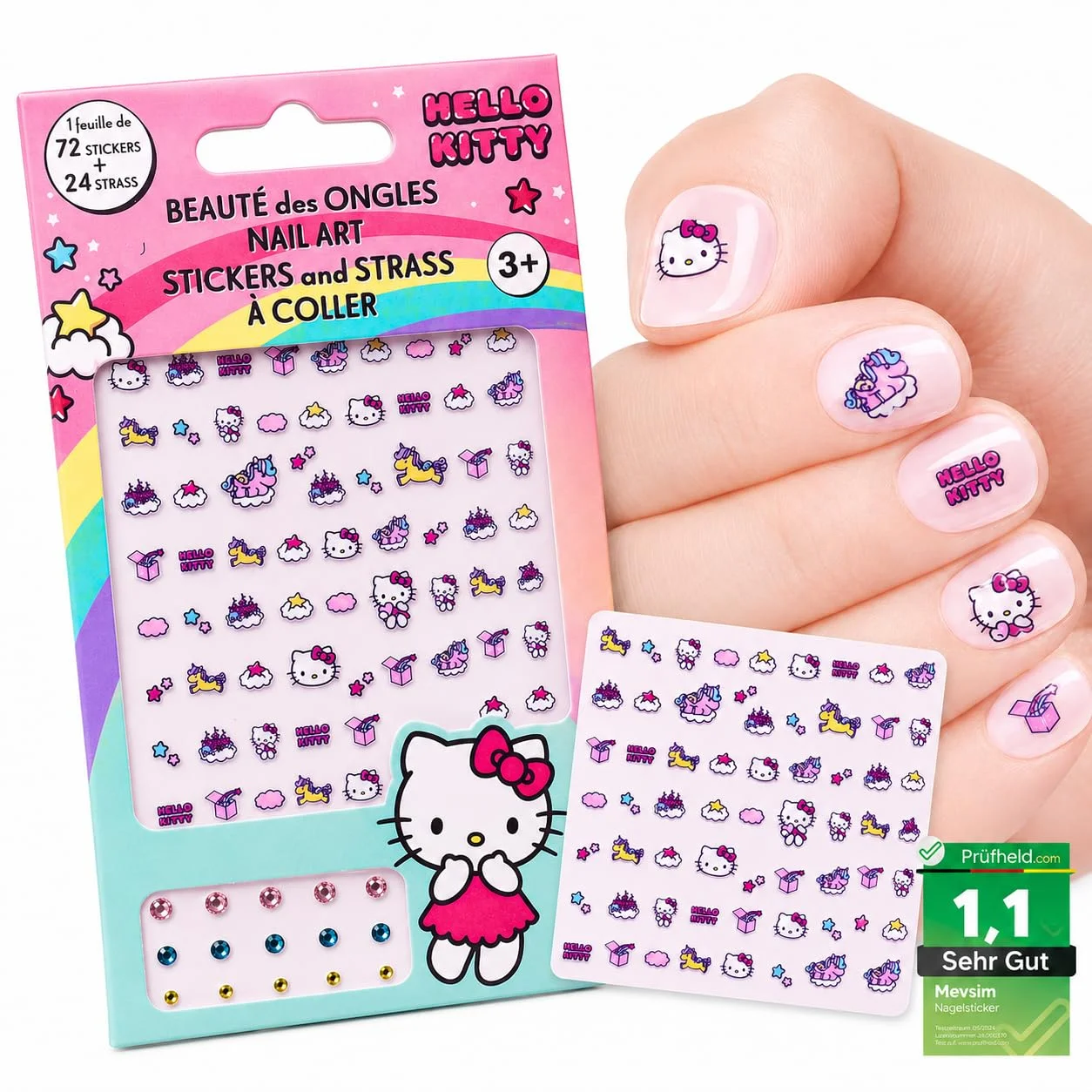 [ Test SEHR GUT, Note 1.1 *] Hello Kitty Nagelsticker Kinder – Selbstklebend Nagelaufkleber für Mädchen – 72 Sticker + 24 Strass – Nagellack Kinder Nail Art Deko – Ungiftig & Leicht zu Entfernen