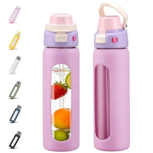 BLUEGO 2-in-1 Borosilikatglas Trinkflasche mit Strohhalm für Sport und Reisen, Trinkflasche 700ml mit Silikonhülle, Auslaufsicher, BPA-frei