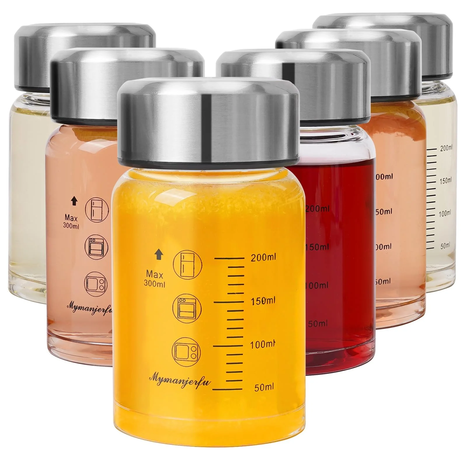 Mymanjerfu Glasflasche 300ml mit Deckel - 6er Pack, Trinkflasche Glas aus Borosilikatglas - Saftflasche, Smoothie & Shaker Becher - Zum Befüllen - BPA-Frei