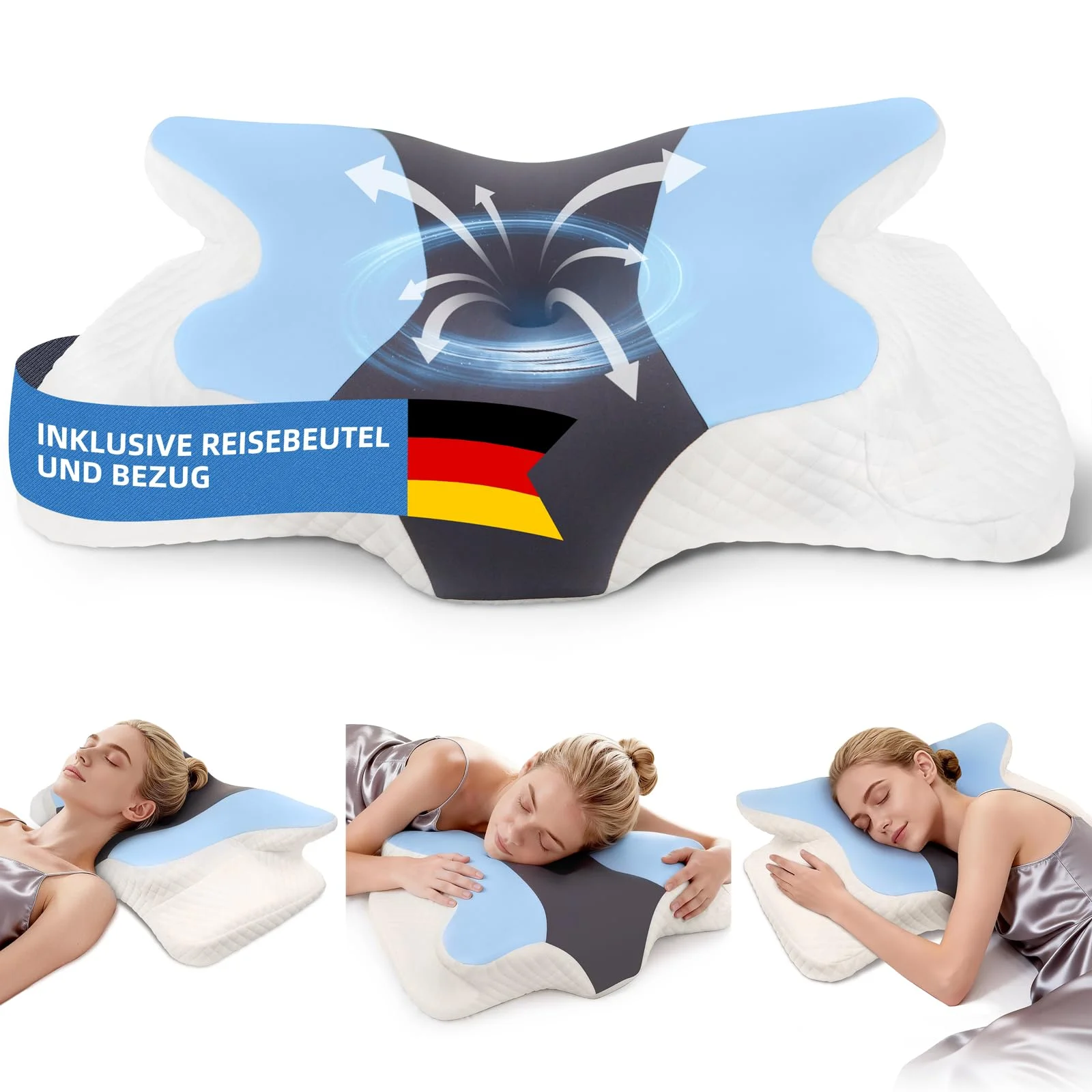 AuTong Nackenkissen Kopfkissen Mit Memory Foam - Orthopädische Schmetterlingsform Für Seitenschläfer, Abnehmbare Waschbare Kühlhülle, Für Erwachsene In Allen Positionen
