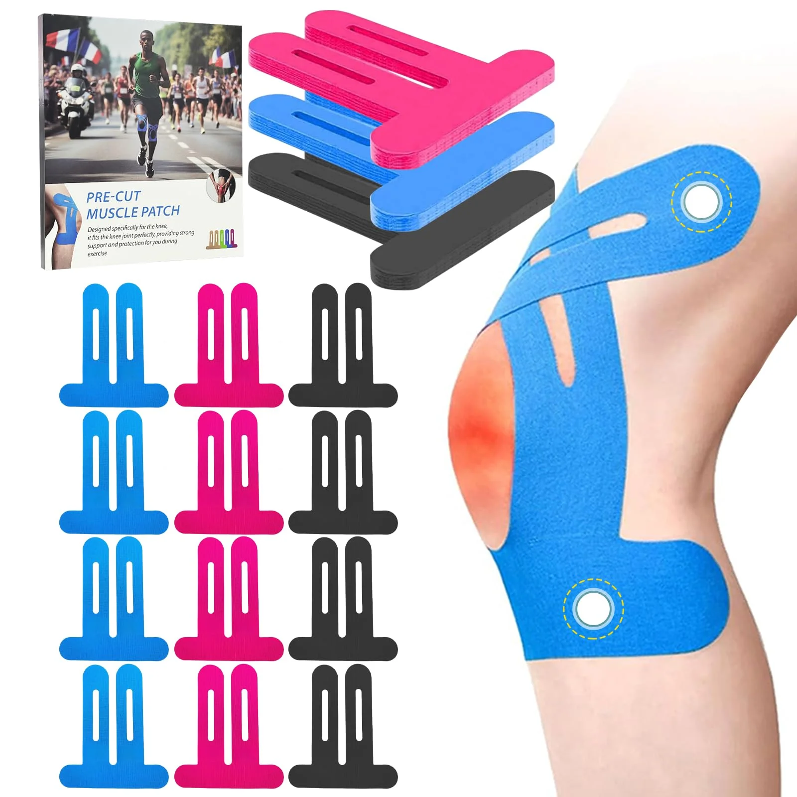 NEUJUS Muskelpatch Knie Vorgeschnitten 12 Stk Schwarz+Rosa+Blau Knie Tape | Hochelastisch & reißfest für optimale Bewegungsfreiheit bei Sport und Rehabilitation