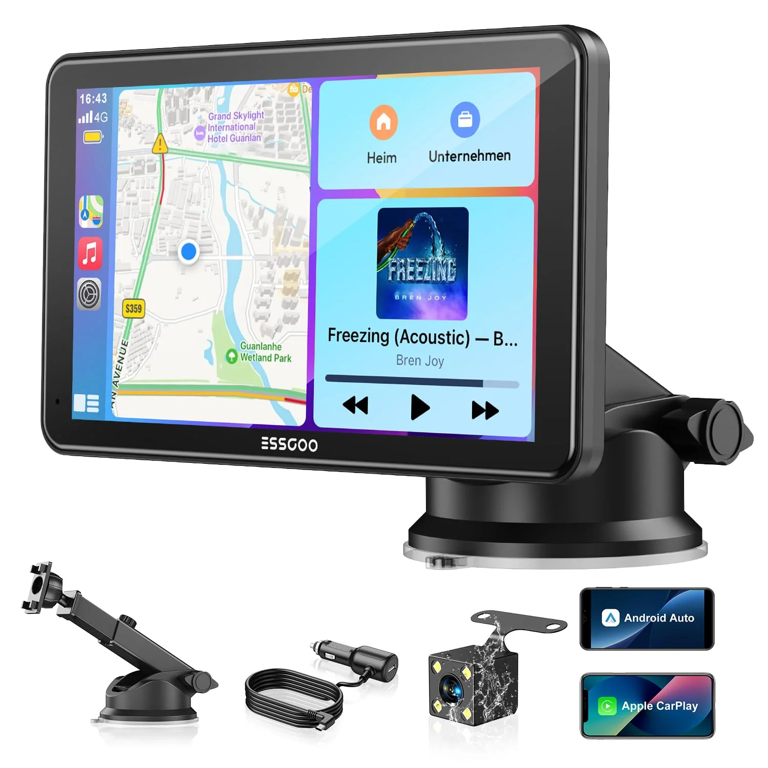 ESSGOO Carplay Android Auto Display mit Rückfahrkamera,7 Zoll Carplay Bildschirm für Apple/Android Auto/AirPlay/Mirror Link,Wireless Touchscreen GPS Navigation,mit Bluetooth5.3,AUX,FM,Sprachassistent